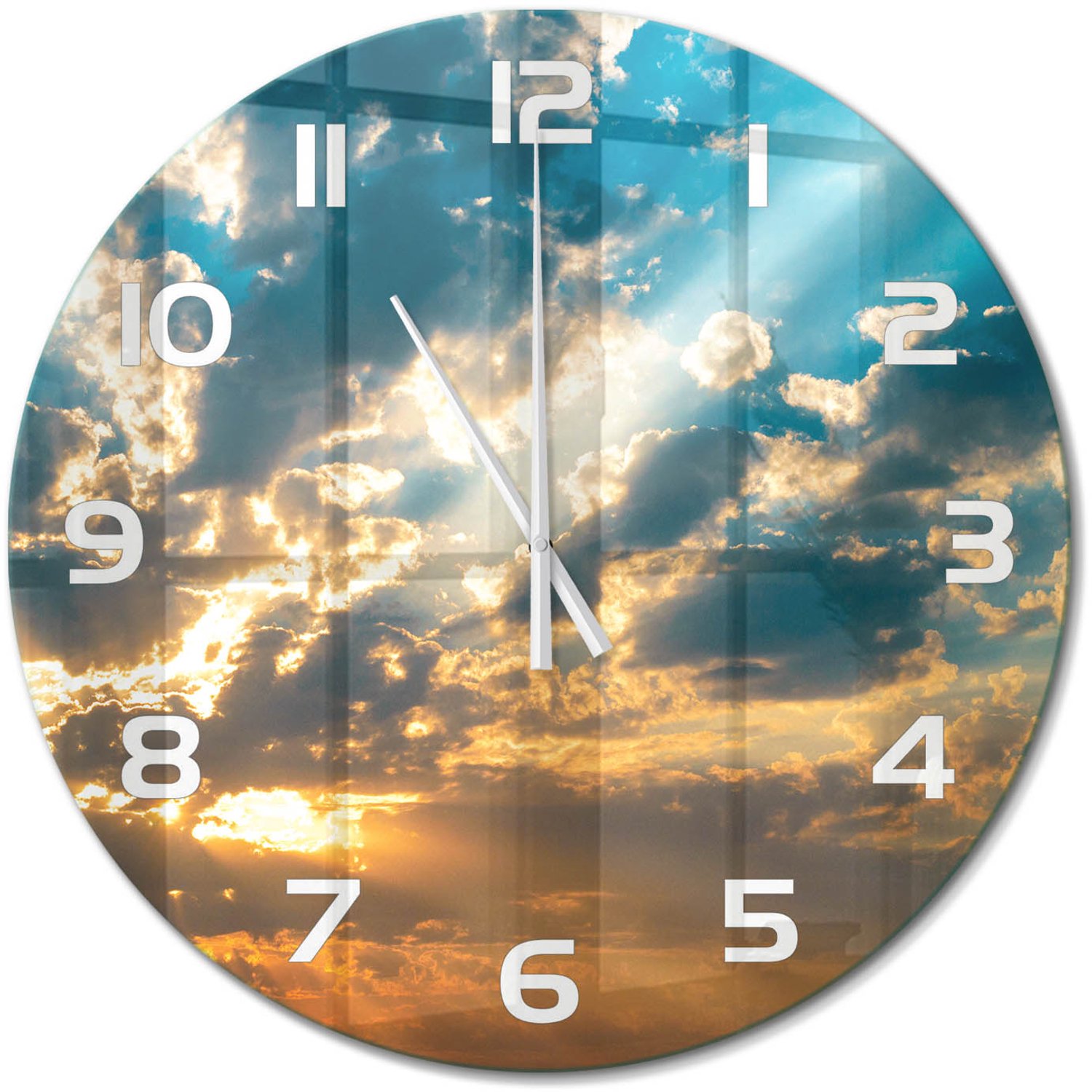 TULUP Wandklok - Hemel bij zonsondergang Glazen Klok Met Print - fi60 cm - Veelkleurig Wandklok Glas Met Motief - Witte handen - Ronde Klok - Wandklok Glas Decoratie - Gekleurde Glazen Klok
