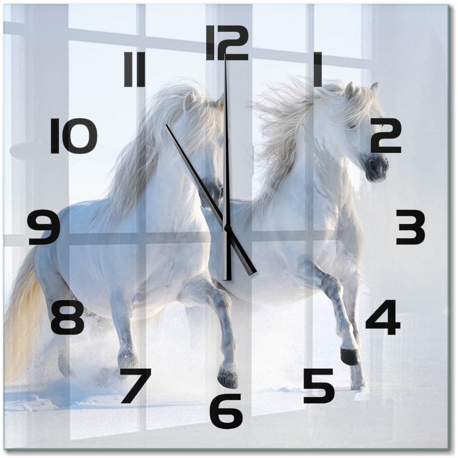 TULUP Wandklok - Twee paarden in de sneeuw Wandklok Glas Decoratie - 60x60 cm - Wit Gekleurde Glazen Klok - Zwarte handen - Vierkante Klok - Klok Glas Met Opdruk - Moderne Wandklok Glas