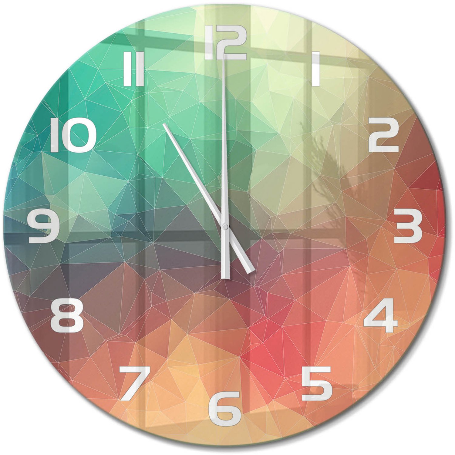 TULUP Wandklok - Geometrische achtergrond Moderne Wandklok Glas - fi60 cm - Veelkleurig Wandklok Glas Decoratie - Witte handen - Ronde Klok - Glazen Wandklok Design - Klok Glas Met Opdruk