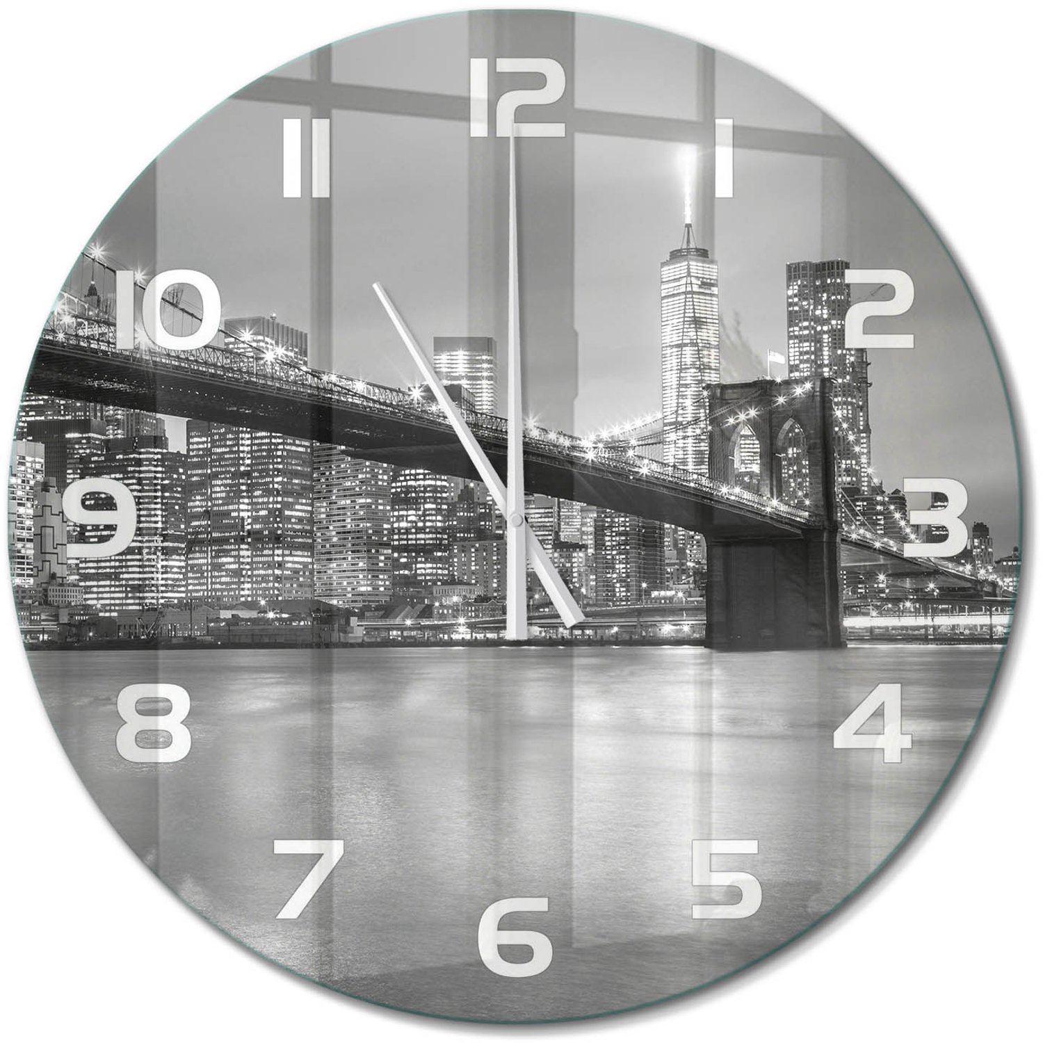 TULUP Wandklok - New York 's nachts Wandklok Glas Decoratie - fi60 cm - Zwart-wit Gekleurde Glazen Klok - Witte handen - Ronde Klok - Klok Glas Met Opdruk - Moderne Wandklok Glas