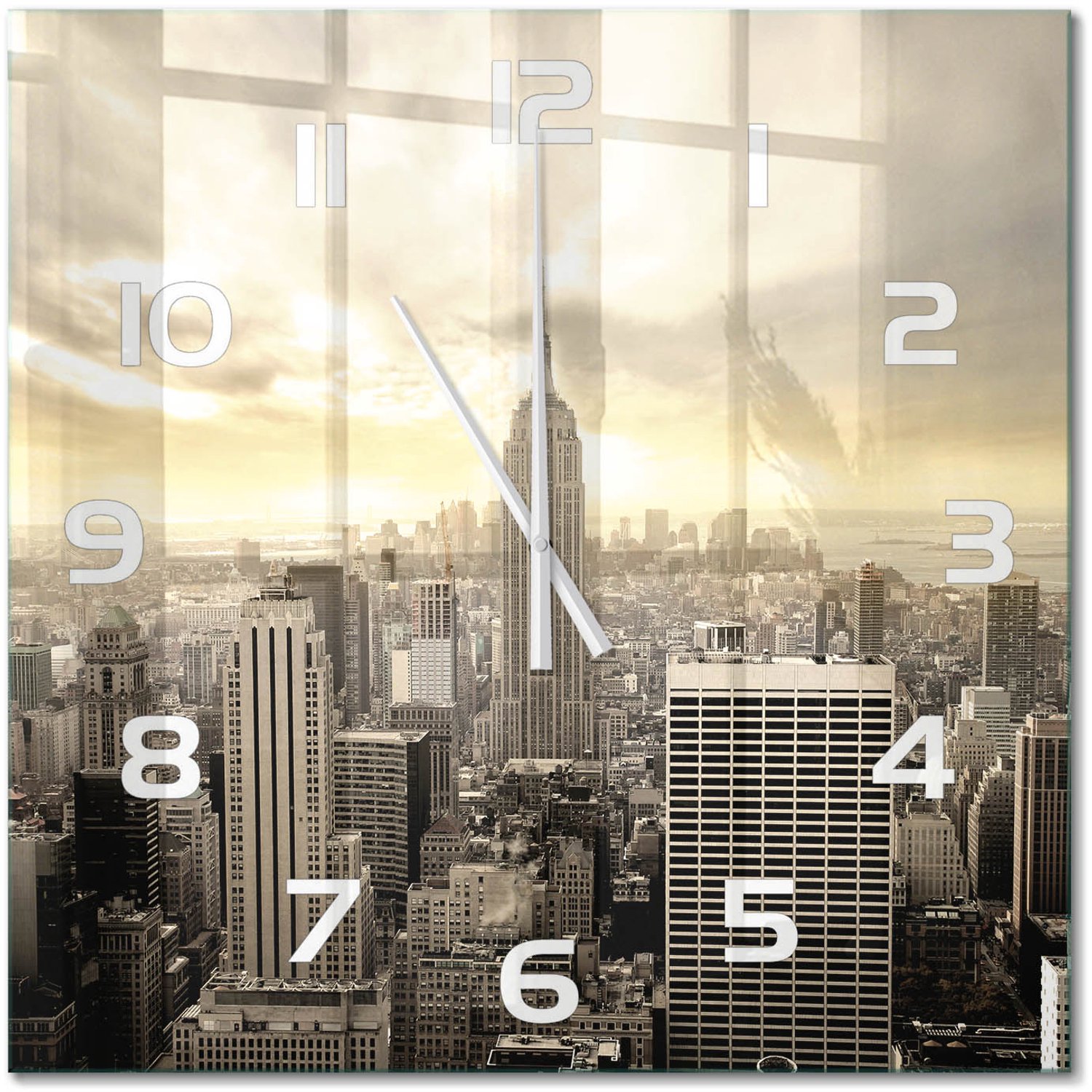 TULUP Wandklok - Manhattan, New York Decoratieve Glazen Klok - 60x60 cm - Beige Glazen Wandklok Design - Witte handen - Vierkante Klok - Glazen Klok Met Print - Wandklok Glas Met Motief