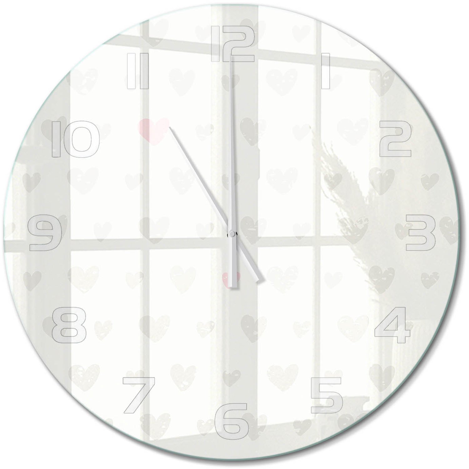 TULUP Wandklok - Hartachtergrond Moderne Wandklok Glas - fi60 cm - Grijs Wandklok Glas Decoratie - Witte handen - Ronde Klok - Glazen Wandklok Design - Klok Glas Met Opdruk