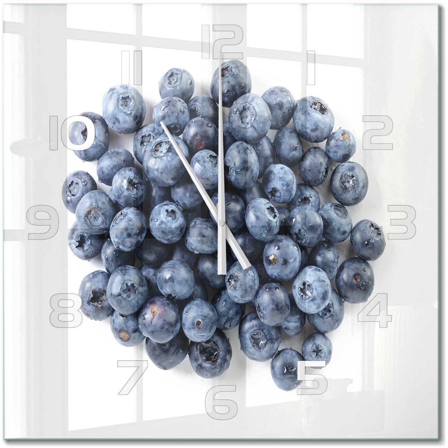 TULUP Wandklok - Bosbessen Wandklok Glas Decoratie - 60x60 cm - Blauw Gekleurde Glazen Klok - Witte handen - Vierkante Klok - Klok Glas Met Opdruk - Moderne Wandklok Glas