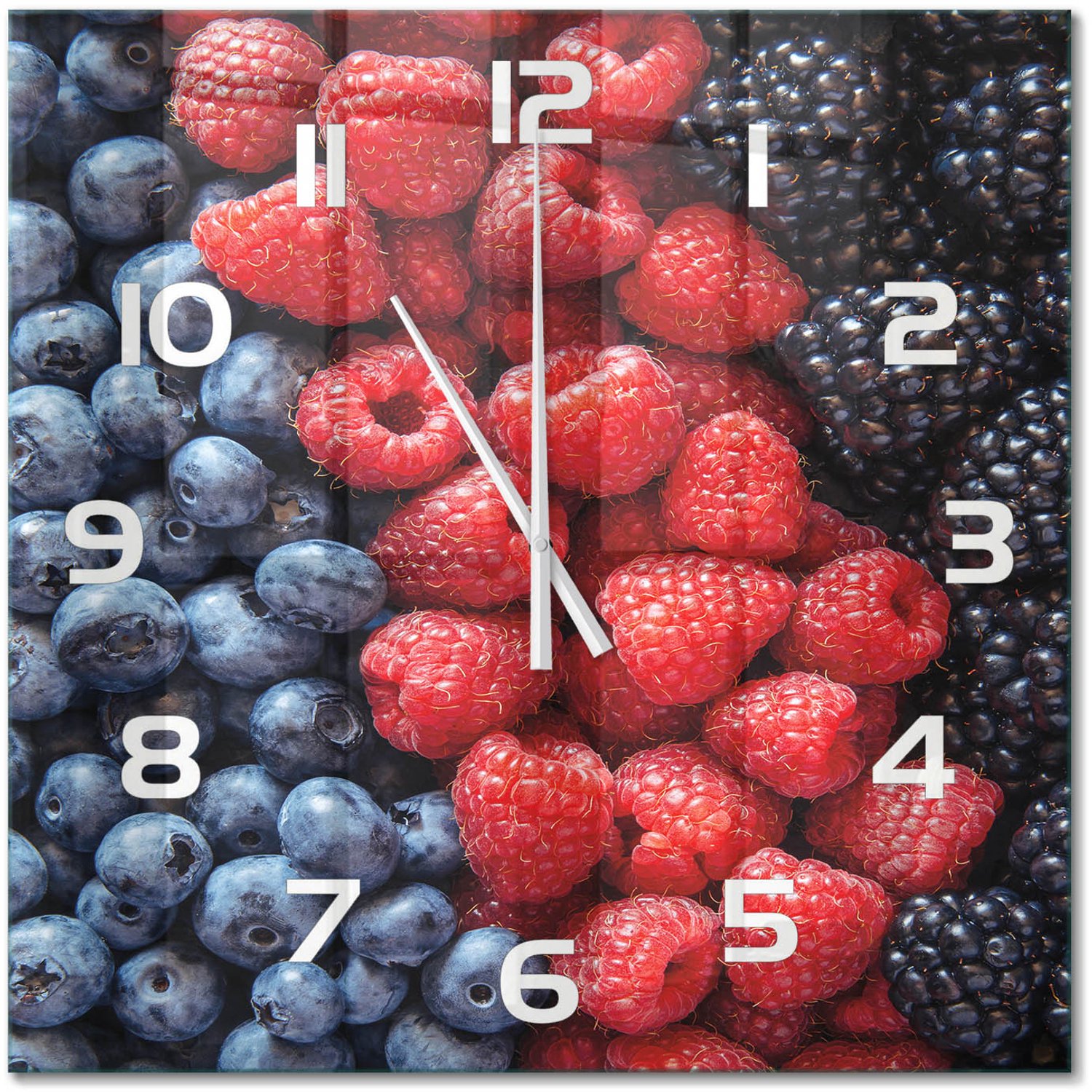 TULUP Wandklok - Bosvruchten Decoratieve Glazen Klok - 60x60 cm - Veelkleurig Glazen Wandklok Design - Witte handen - Vierkante Klok - Glazen Klok Met Print - Wandklok Glas Met Motief