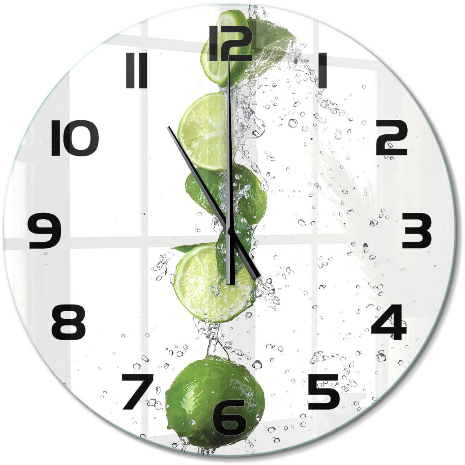 TULUP Wandklok - Kalk en water Klok Glas Met Opdruk - fi60 cm - Groente Moderne Wandklok Glas - Zwarte handen - Ronde Klok - Decoratieve Glazen Klok - Glazen Wandklok Design