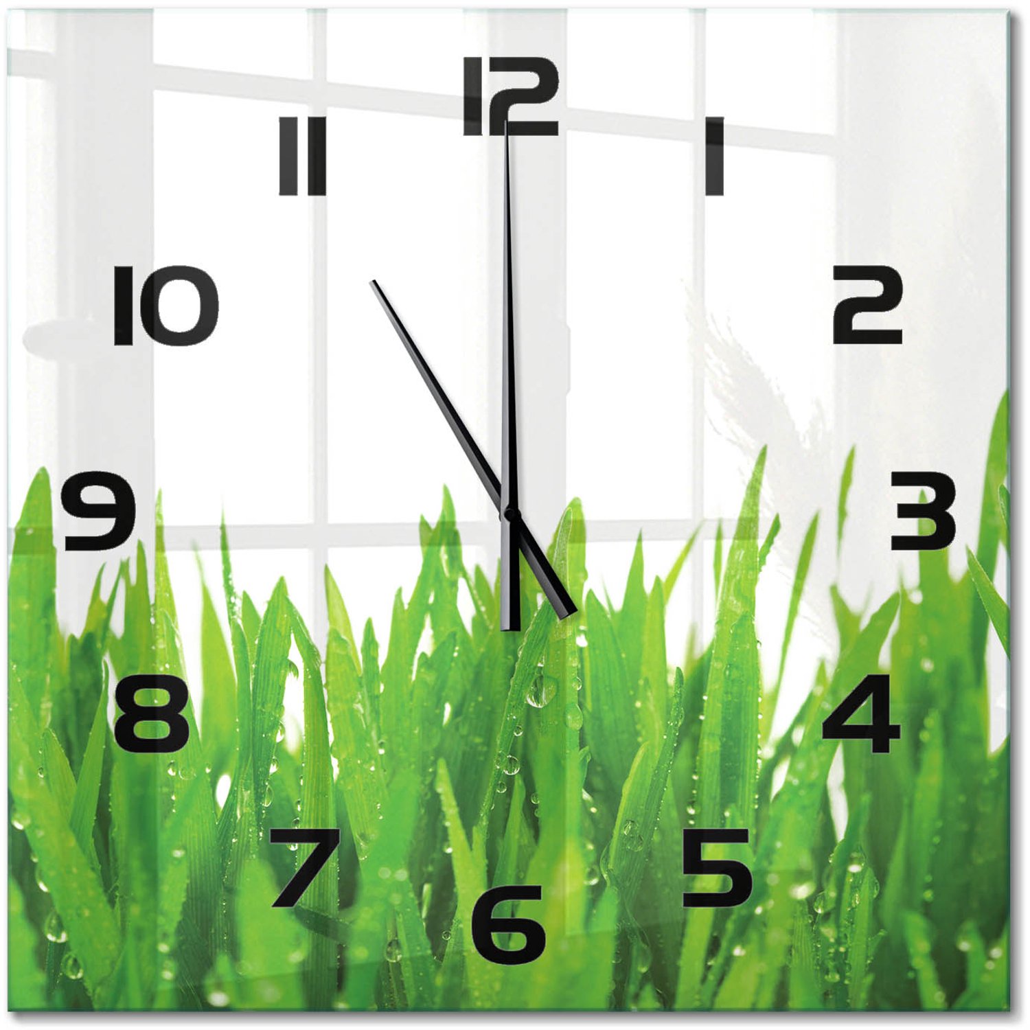 TULUP Wandklok - Gras Glazen Klok Met Print - 60x60 cm - Groente Wandklok Glas Met Motief - Zwarte handen - Vierkante Klok - Wandklok Glas Decoratie - Gekleurde Glazen Klok