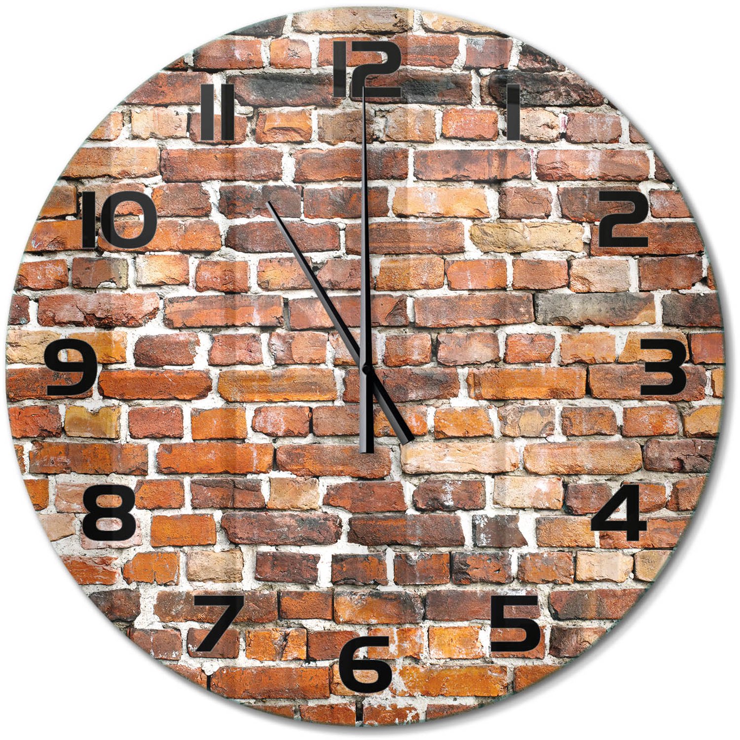 TULUP Wandklok - Bakstenen muur Wandklok Glas Met Motief - fi60 cm - Bruin Decoratieve Glazen Klok - Zwarte handen - Ronde Klok - Gekleurde Glazen Klok - Glazen Klok Met Print