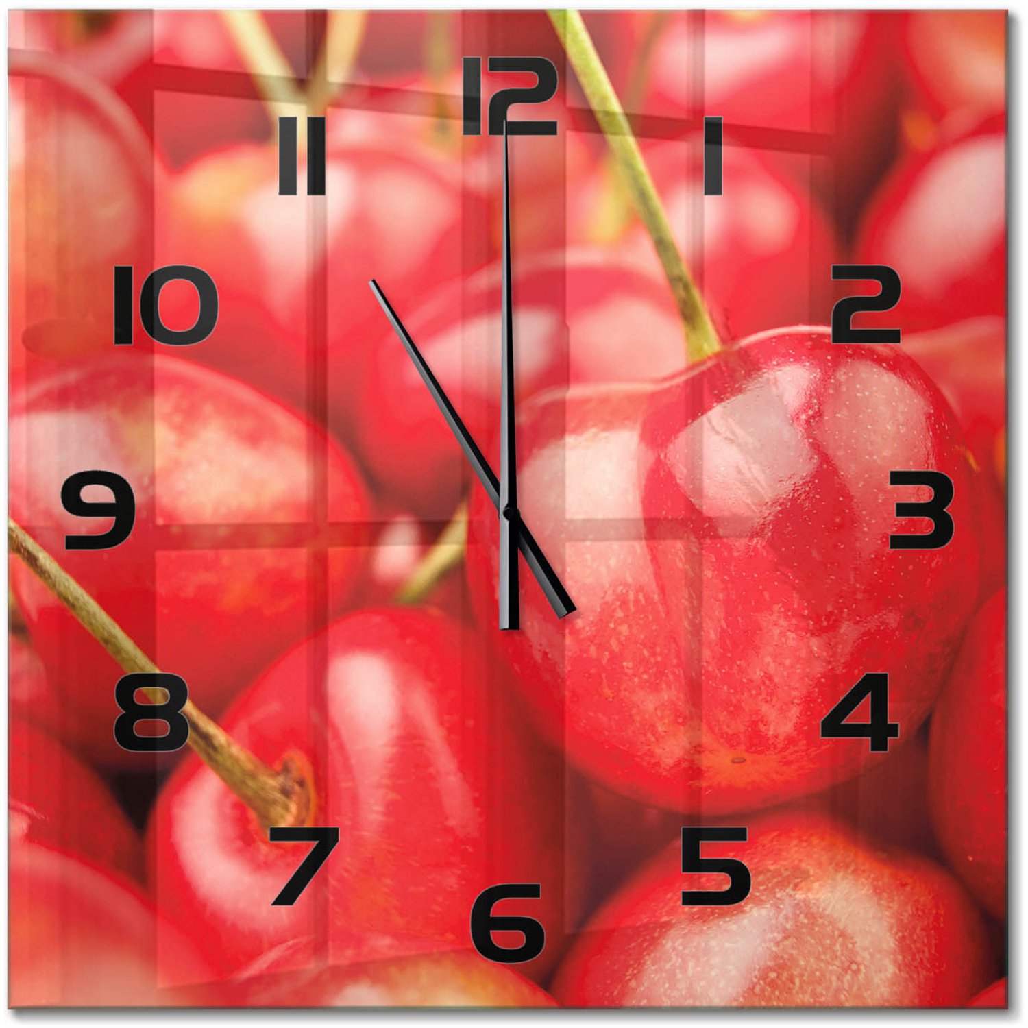 TULUP Wandklok - Kers Gekleurde Glazen Klok - 60x60 cm - Rood Glazen Klok Met Print - Zwarte handen - Vierkante Klok - Moderne Wandklok Glas - Wandklok Glas Decoratie