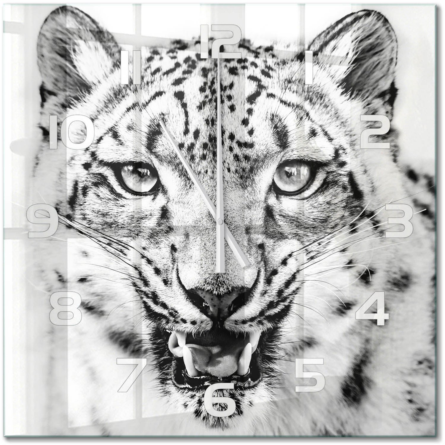 TULUP Wandklok - Sneeuwluipaard Decoratieve Glazen Klok - 60x60 cm - Zwart-wit Glazen Wandklok Design - Witte handen - Vierkante Klok - Glazen Klok Met Print - Wandklok Glas Met Motief