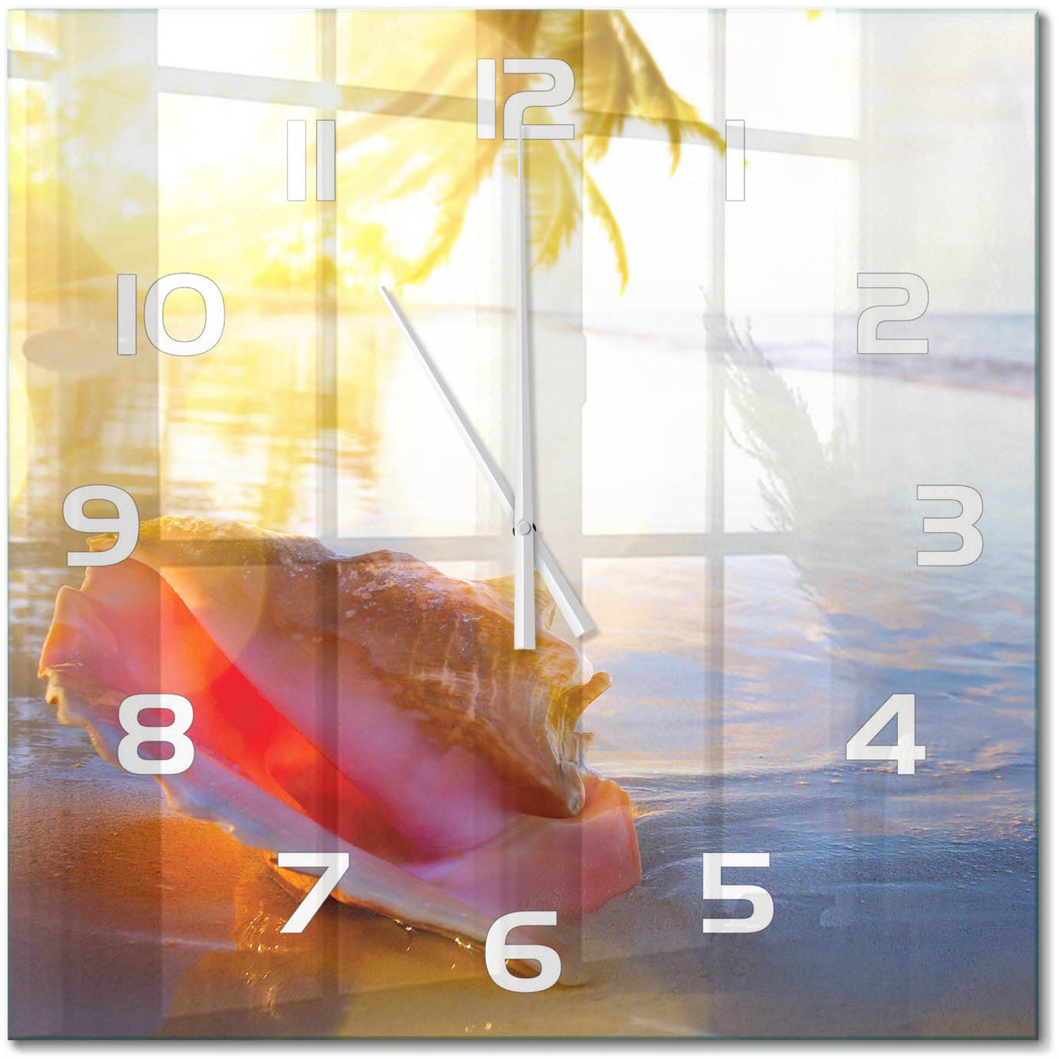 TULUP Wandklok - Een schelp op het strand Wandklok Glas Decoratie - 60x60 cm - Veelkleurig Gekleurde Glazen Klok - Witte handen - Vierkante Klok - Klok Glas Met Opdruk - Moderne Wandklok Glas