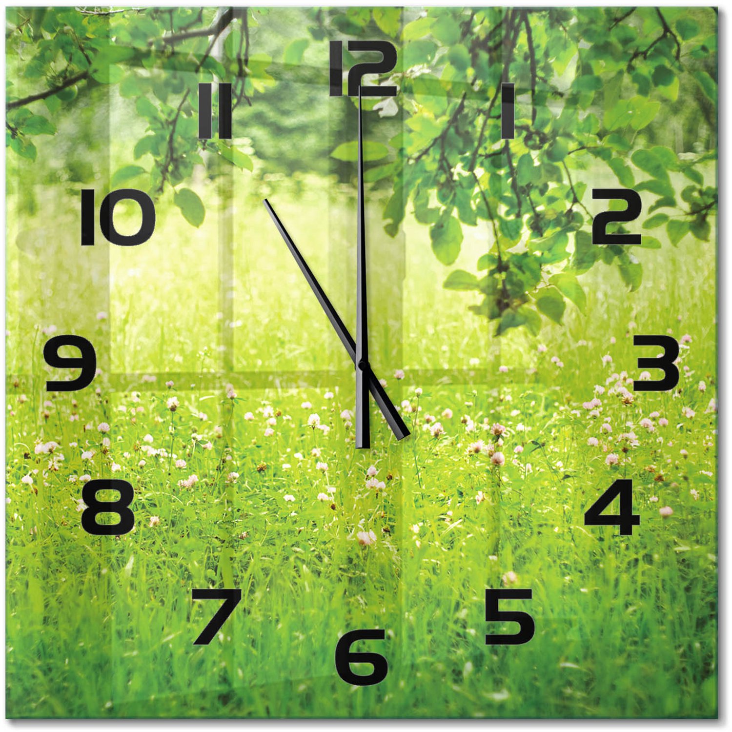 TULUP Wandklok - Groene weide Decoratieve Glazen Klok - 60x60 cm - Groente Glazen Wandklok Design - Zwarte handen - Vierkante Klok - Glazen Klok Met Print - Wandklok Glas Met Motief