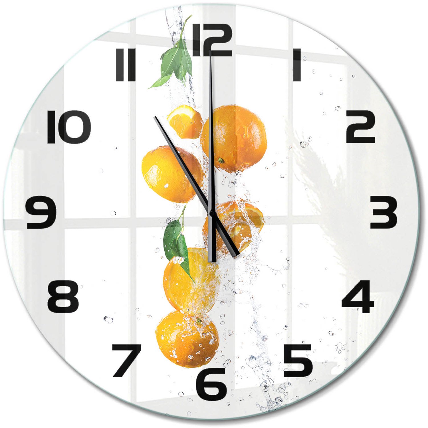 TULUP Wandklok - Sinaasappels en water Moderne Wandklok Glas - fi60 cm - Geel Wandklok Glas Decoratie - Zwarte handen - Ronde Klok - Glazen Wandklok Design - Klok Glas Met Opdruk