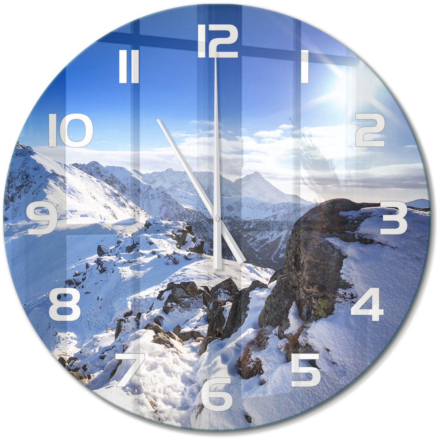 TULUP Wandklok - De top van het Tatragebergte Decoratieve Glazen Klok - fi60 cm - Blauw Glazen Wandklok Design - Witte handen - Ronde Klok - Glazen Klok Met Print - Wandklok Glas Met Motief