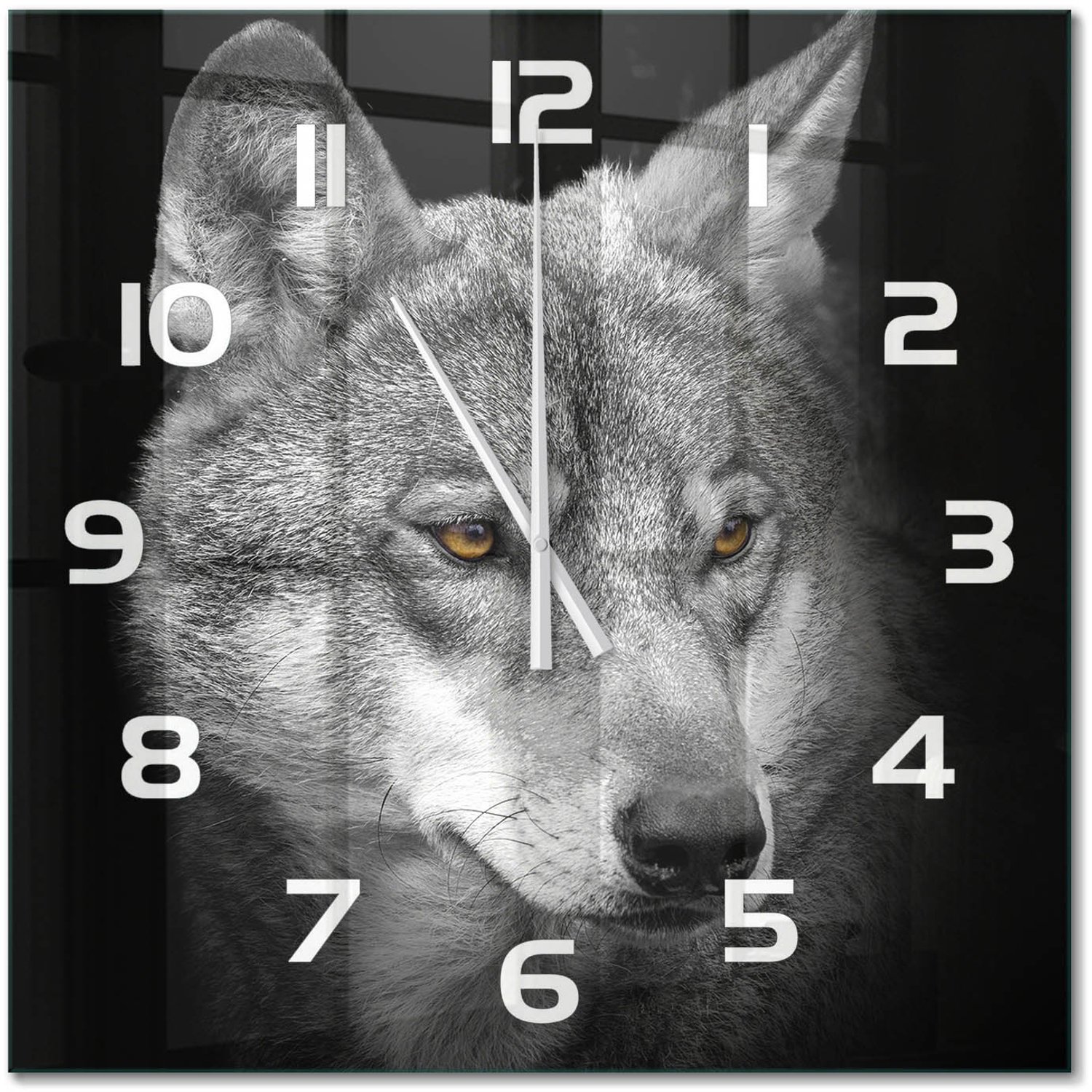 TULUP Wandklok - Wolf Moderne Wandklok Glas - 60x60 cm - Grijs Wandklok Glas Decoratie - Witte handen - Vierkante Klok - Glazen Wandklok Design - Klok Glas Met Opdruk