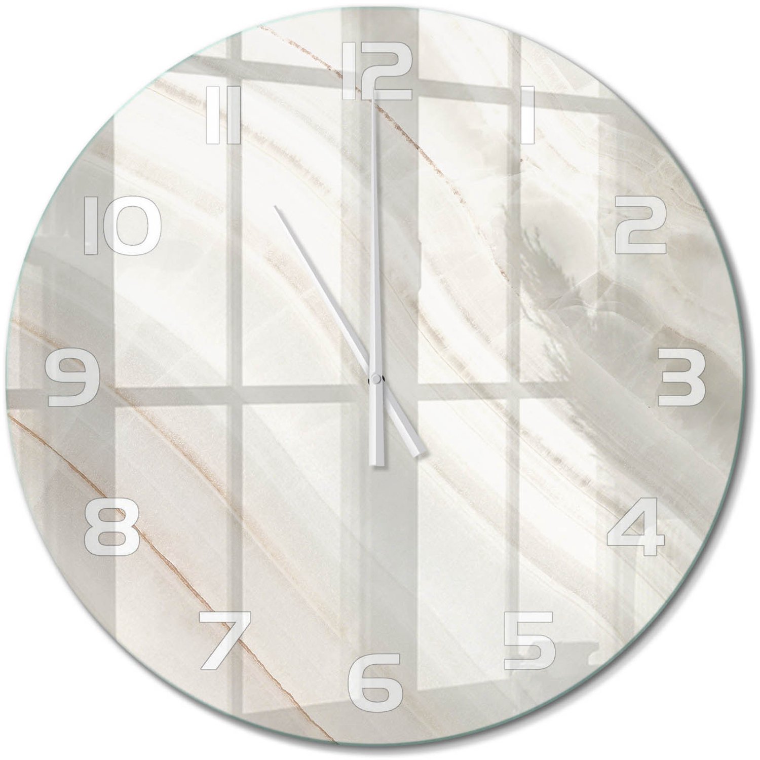 TULUP Wandklok - Marmertextuur Gekleurde Glazen Klok - fi60 cm - Beige Glazen Klok Met Print - Witte handen - Ronde Klok - Moderne Wandklok Glas - Wandklok Glas Decoratie