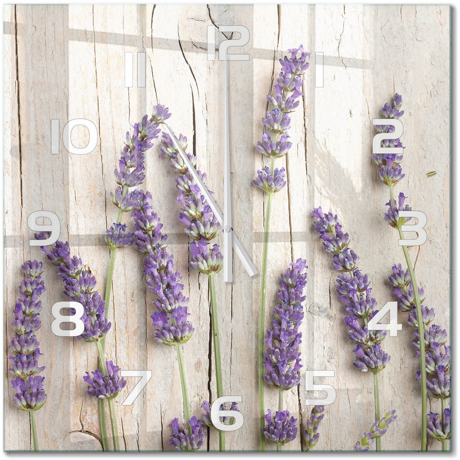 TULUP Wandklok - Lavendel op hout Moderne Wandklok Glas - 60x60 cm - Paars Wandklok Glas Decoratie - Witte handen - Vierkante Klok - Glazen Wandklok Design - Klok Glas Met Opdruk