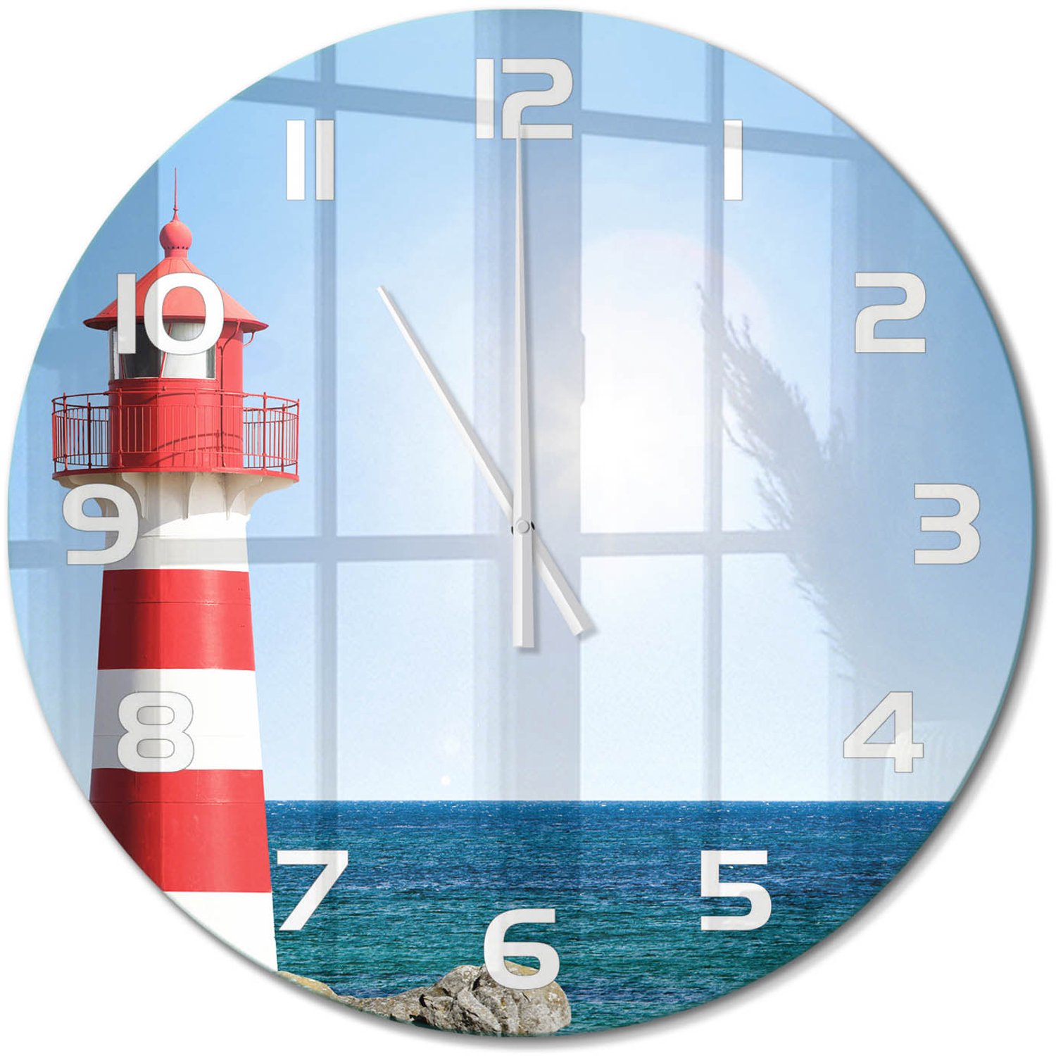 TULUP Wandklok - Vuurtoren Moderne Wandklok Glas - fi60 cm - Rood Wandklok Glas Decoratie - Witte handen - Ronde Klok - Glazen Wandklok Design - Klok Glas Met Opdruk