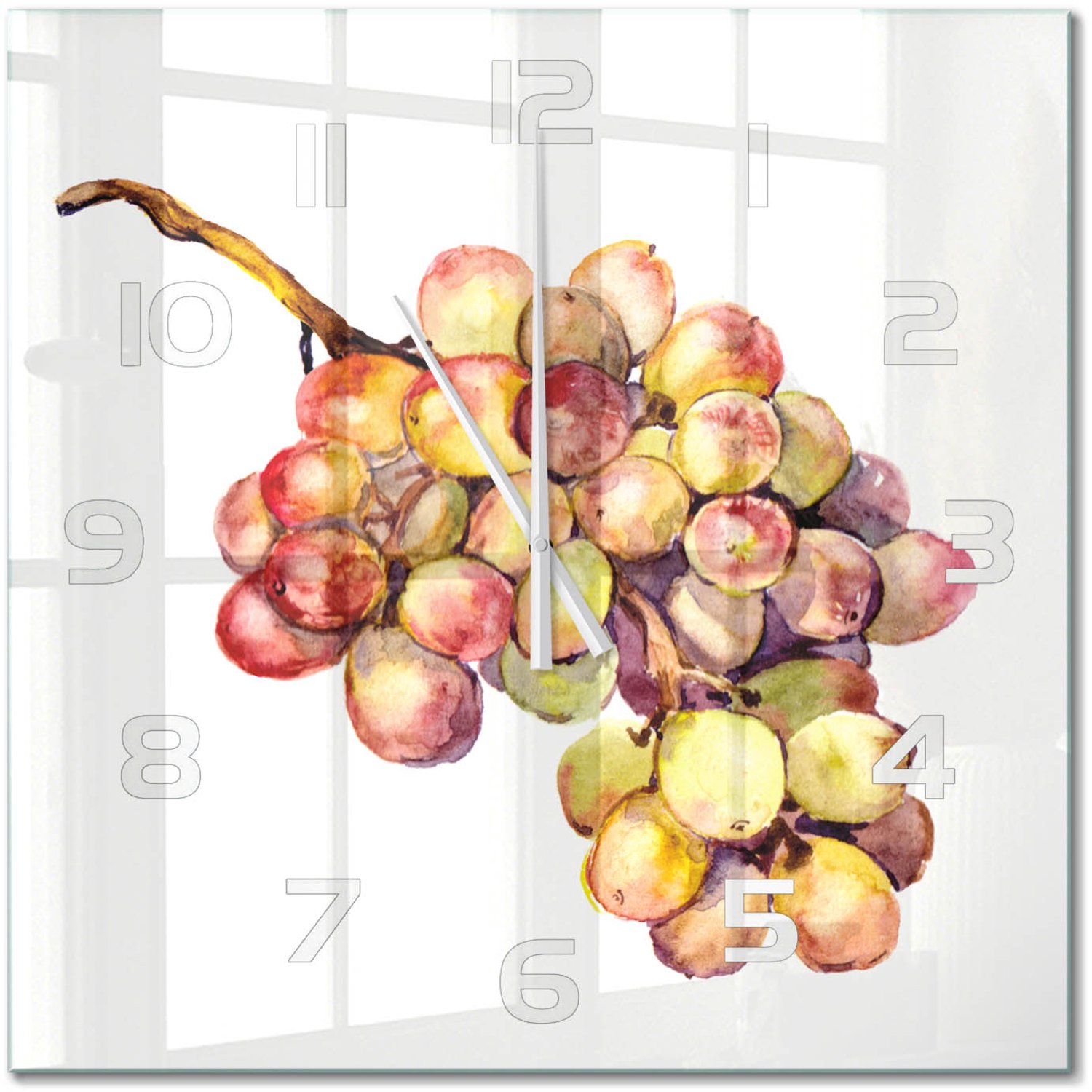 TULUP Wandklok - Druif Klok Glas Met Opdruk - 60x60 cm - Groente Moderne Wandklok Glas - Witte handen - Vierkante Klok - Decoratieve Glazen Klok - Glazen Wandklok Design