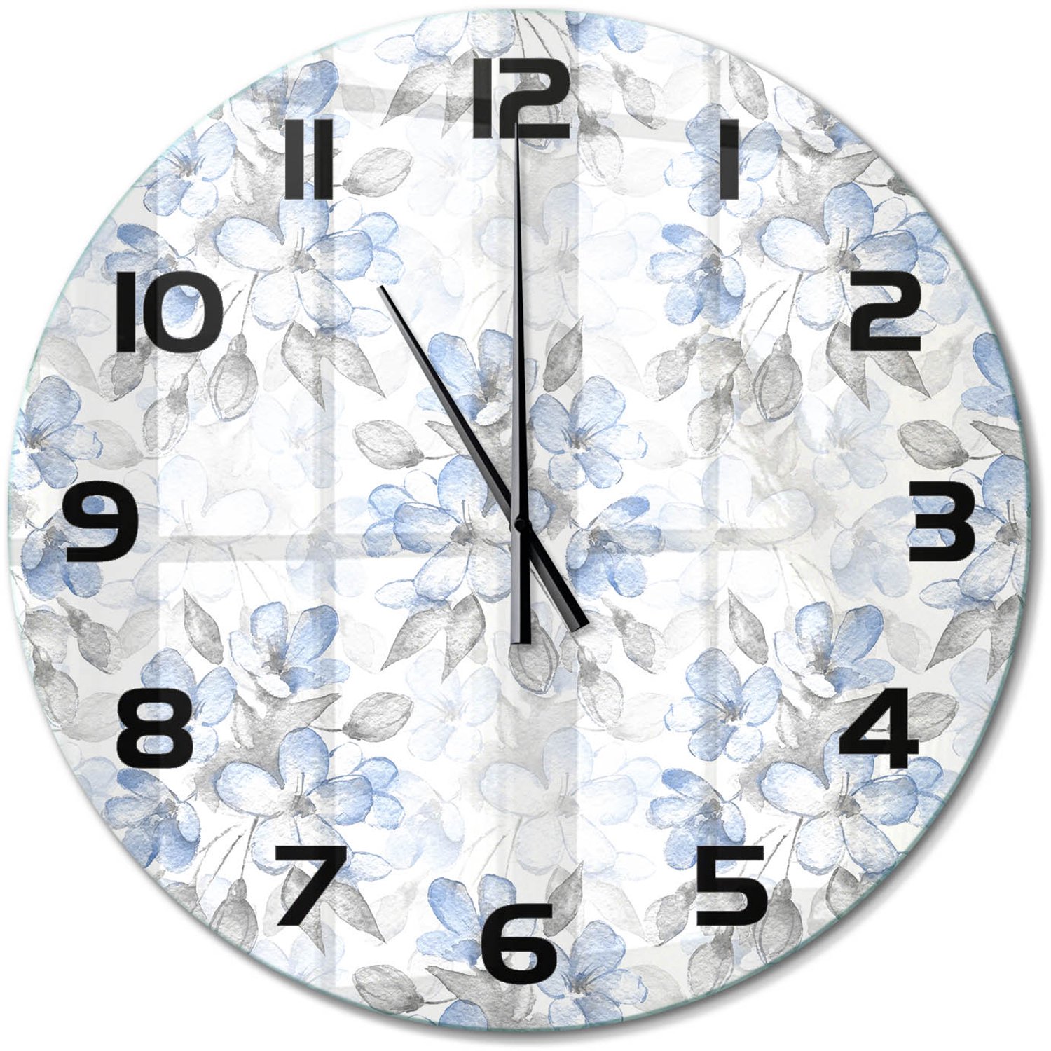 TULUP Wandklok - delicate bloemen Wandklok Glas Met Motief - fi60 cm - Blauw Decoratieve Glazen Klok - Zwarte handen - Ronde Klok - Gekleurde Glazen Klok - Glazen Klok Met Print