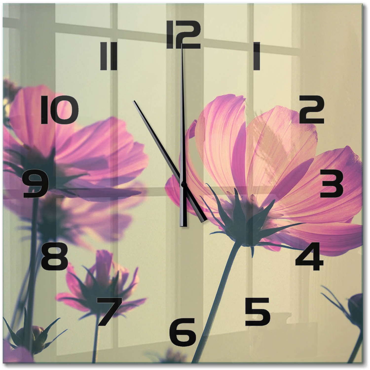 TULUP Wandklok - Roze bloemen Glazen Wandklok Design - 60x60 cm - Roze Klok Glas Met Opdruk - Zwarte handen - Vierkante Klok - Wandklok Glas Met Motief - Decoratieve Glazen Klok
