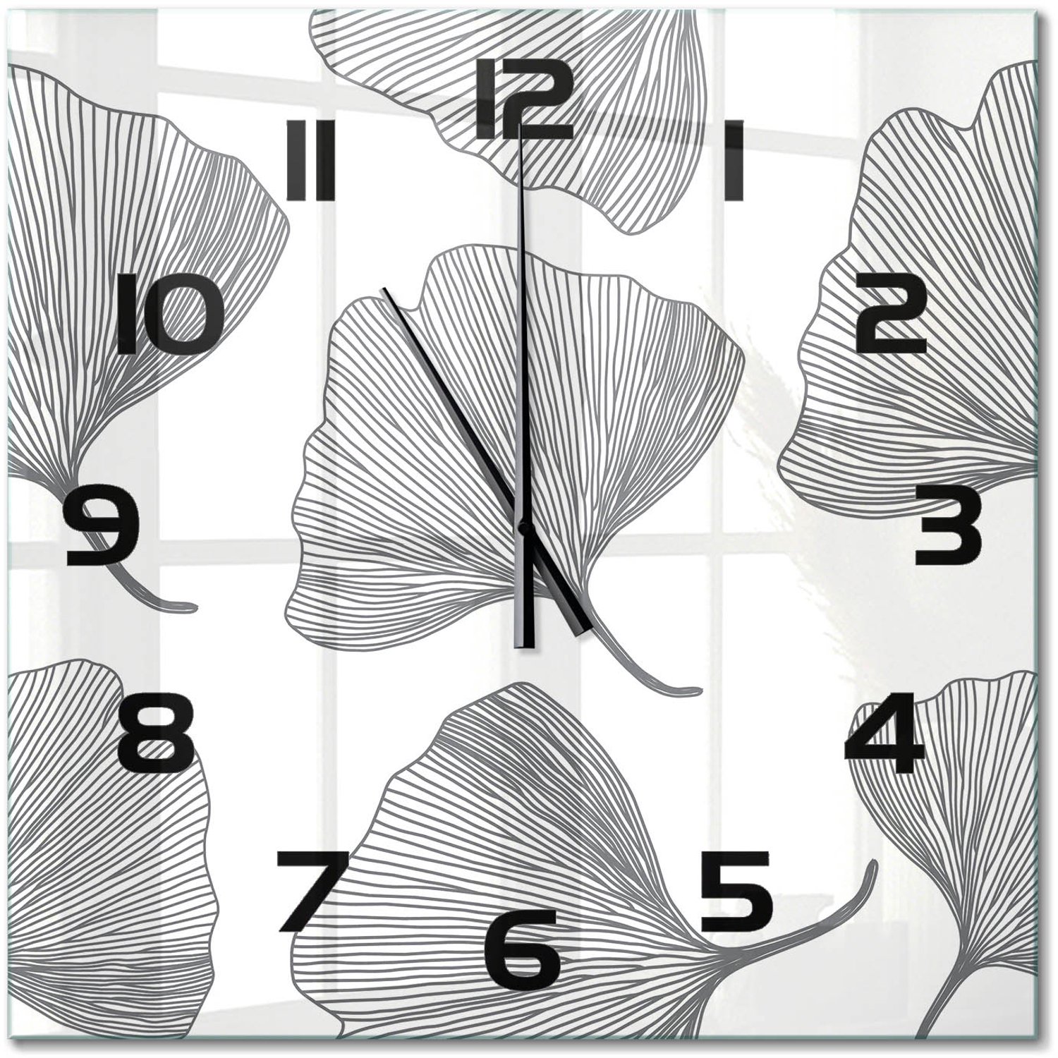 TULUP Wandklok - Ginkgo Wandklok Glas Met Motief - 60x60 cm - Zwart-wit Decoratieve Glazen Klok - Zwarte handen - Vierkante Klok - Gekleurde Glazen Klok - Glazen Klok Met Print