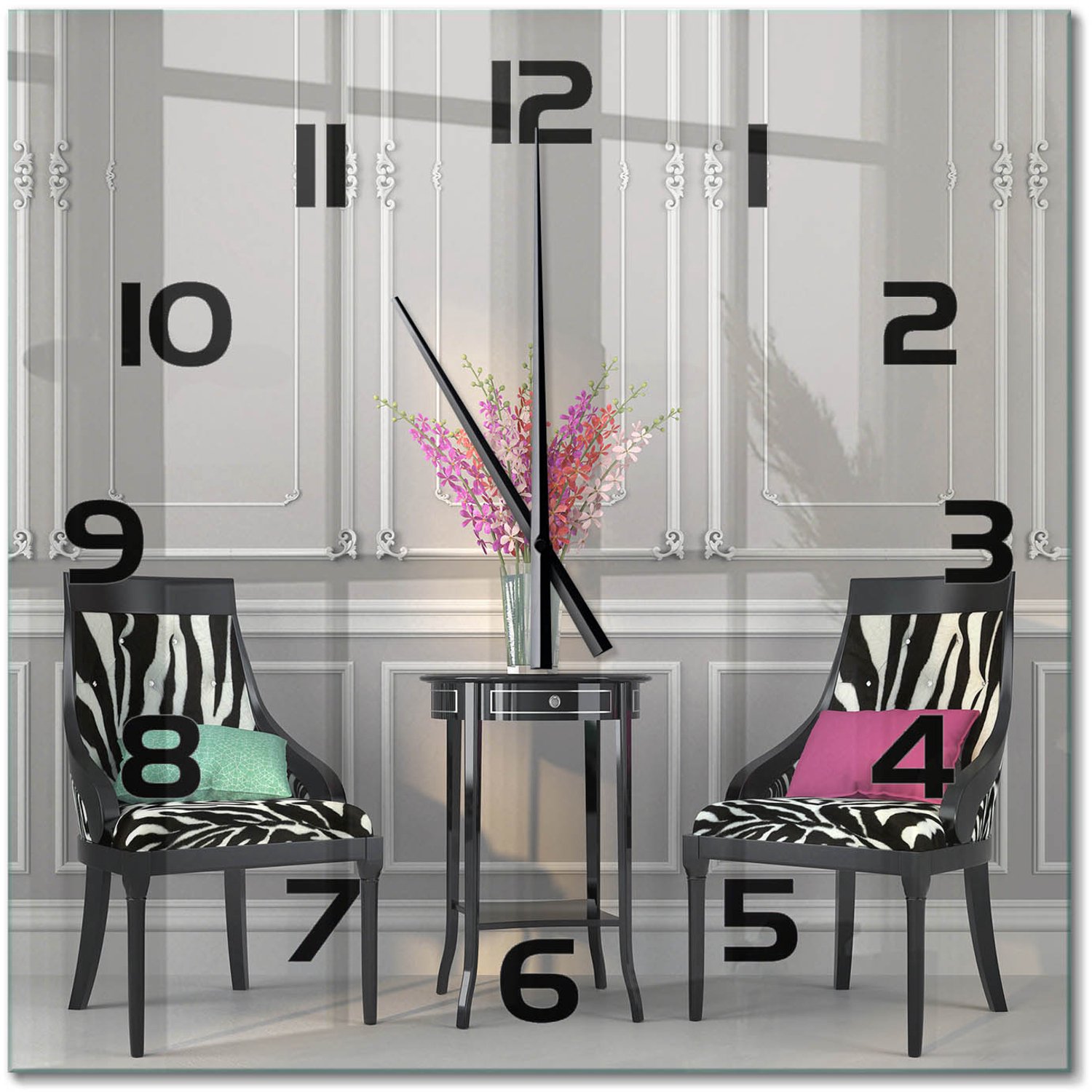 TULUP Wandklok - Twee stoelen Decoratieve Glazen Klok - 60x60 cm - Veelkleurig Glazen Wandklok Design - Zwarte handen - Vierkante Klok - Glazen Klok Met Print - Wandklok Glas Met Motief