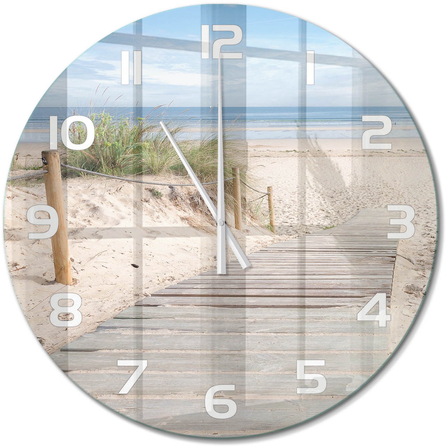TULUP Wandklok - Strand Decoratieve Glazen Klok - fi60 cm - Beige Glazen Wandklok Design - Witte handen - Ronde Klok - Glazen Klok Met Print - Wandklok Glas Met Motief