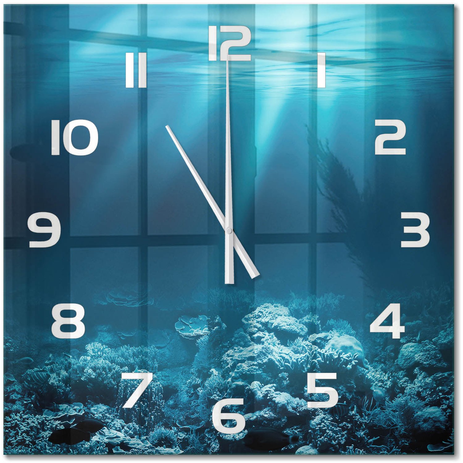 TULUP Wandklok - Onderwaterwereld Klok Glas Met Opdruk - 60x60 cm - Blauw Moderne Wandklok Glas - Witte handen - Vierkante Klok - Decoratieve Glazen Klok - Glazen Wandklok Design