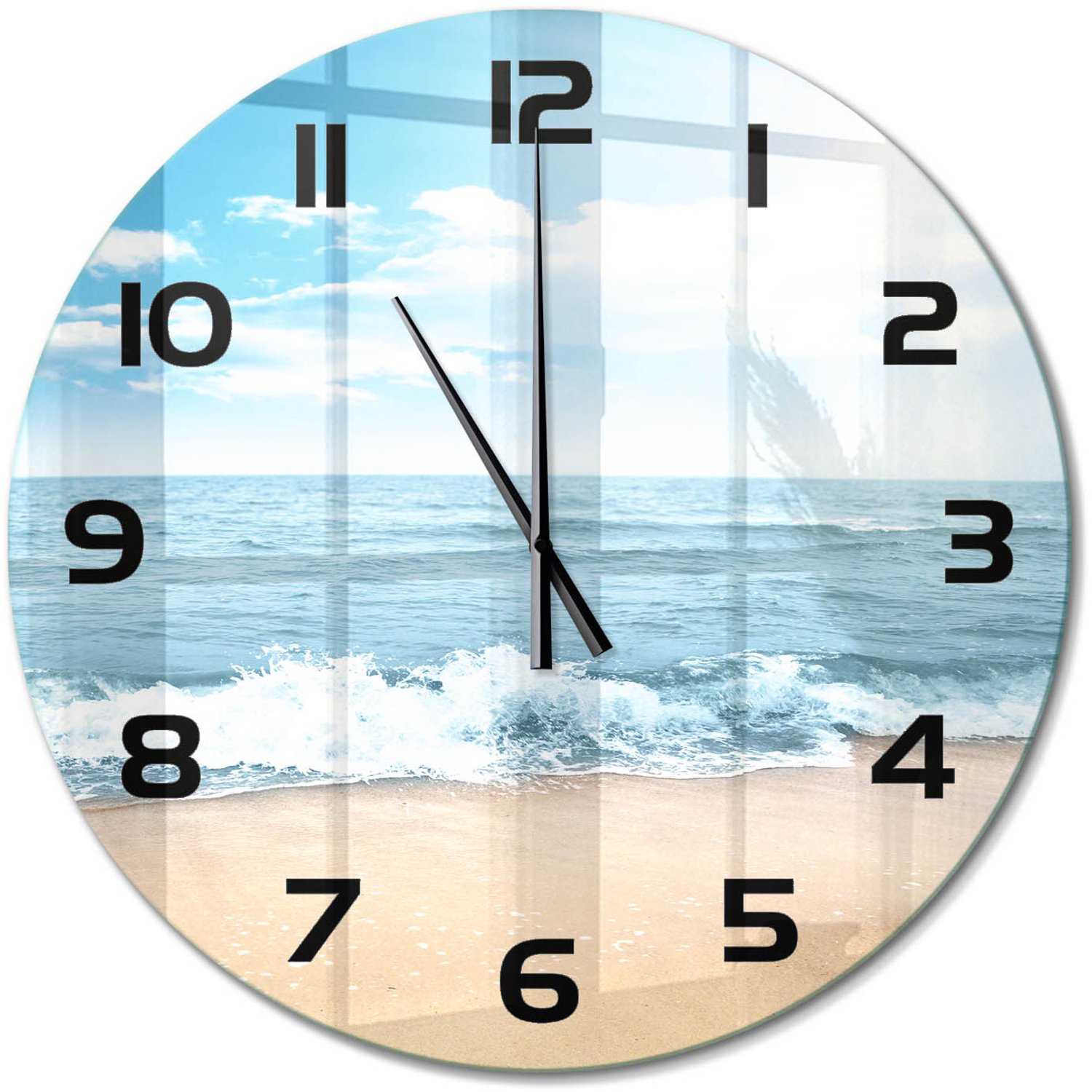 TULUP Wandklok - Strand Decoratieve Glazen Klok - fi60 cm - Blauw Glazen Wandklok Design - Zwarte handen - Ronde Klok - Glazen Klok Met Print - Wandklok Glas Met Motief