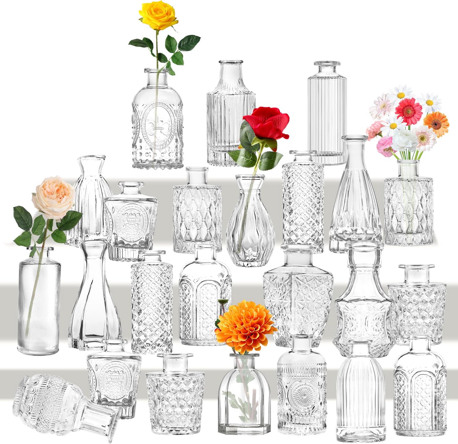 Famanu Set van 24 kleine glazen vazen, vintage stijl, heldere bloemenvaas, verschillende maten, perfect voor tafeldecoratie in woonkamer en badkamer wit