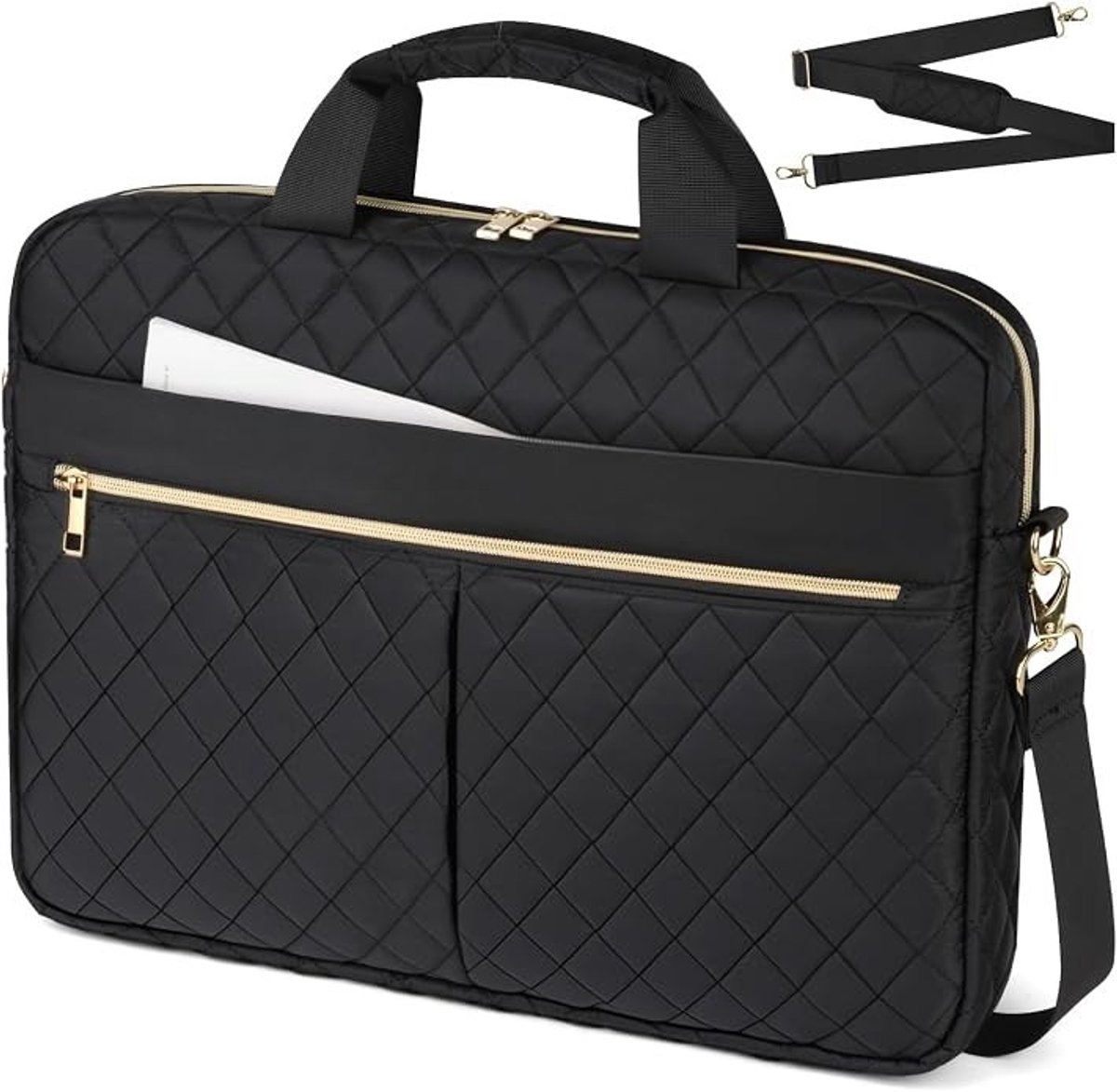 PolkaHome Laptoptas voor dames, 15,6 inch, waterdichte aktetas met gewatteerd diamantpatroon, zwarte lederlook