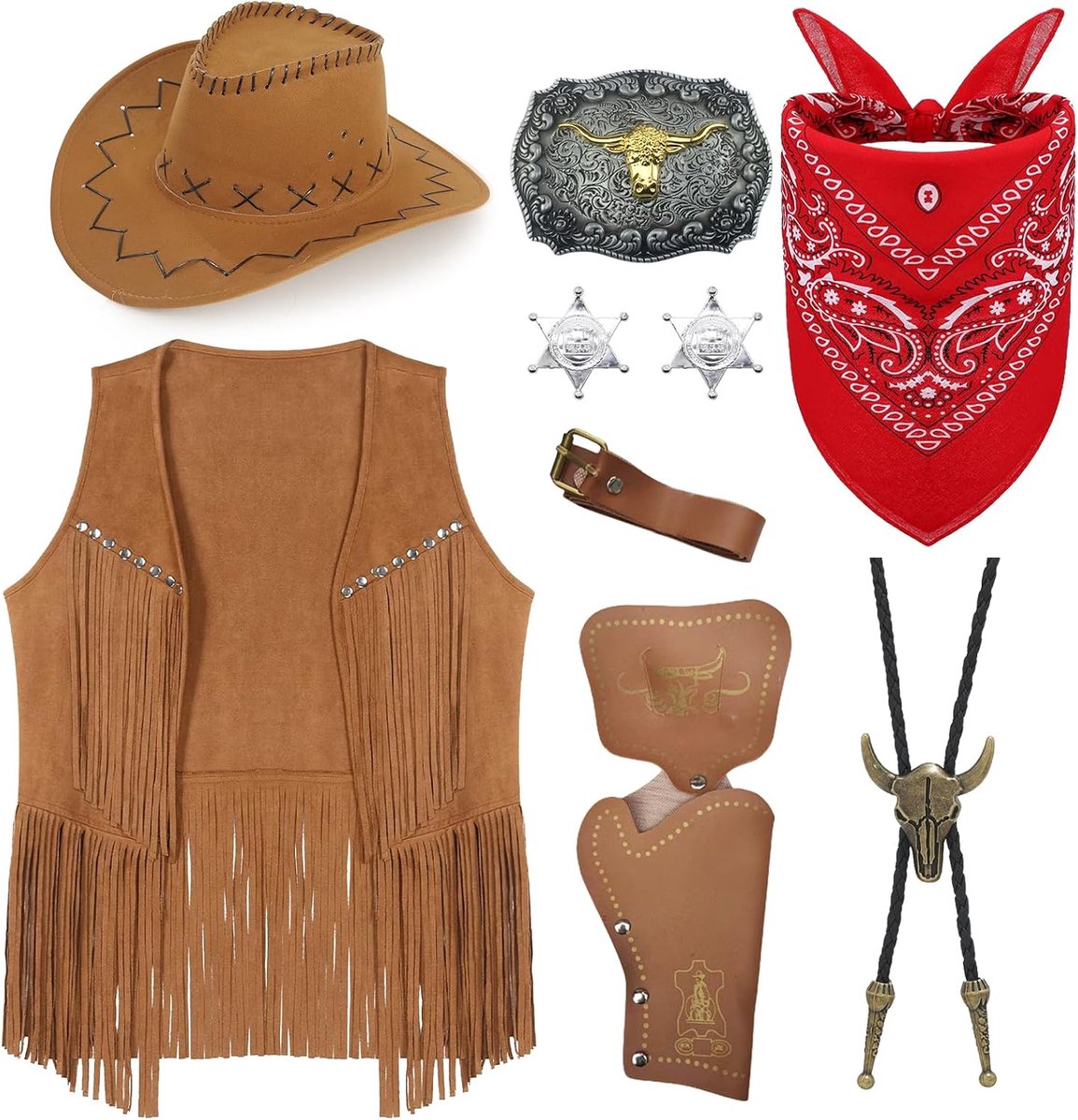 9 stuks cowboykostuum accessoireset voor heren, western cowboy cosplay kleding kit met hoed kwastvest bandana holster riem bologesp stropdas halsketting sheriff badge voor carnaval fancing