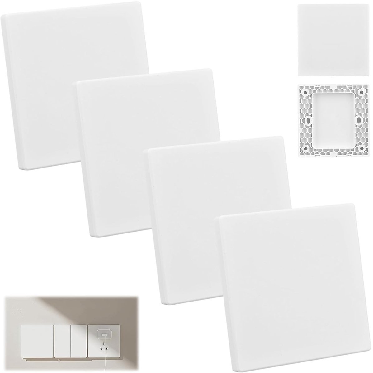 Decoratieve blinde afdekking voor wandcontactdozen 8.6 x 8.6 cm, vierkant plastic deksel voor ongebruikte stopcontacten, wandafwerking en kabelbeheer