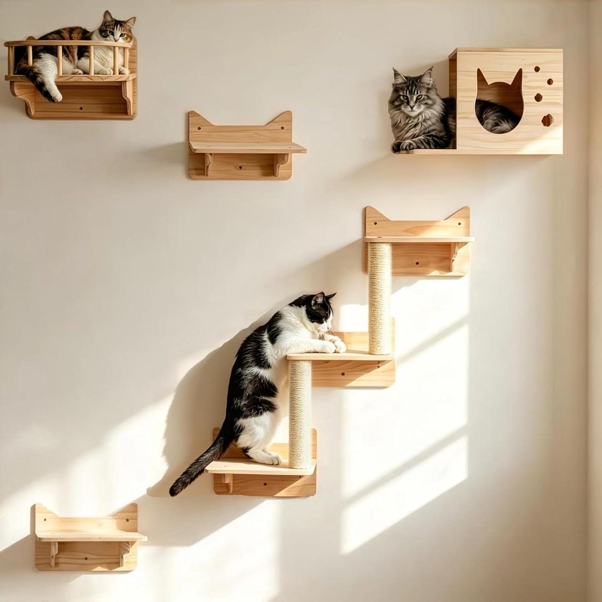 Kattenwandframe - Klimrek set - Spelen en rusten - Gemaakt van grenenhout - Set van 5 - Natuurlijk