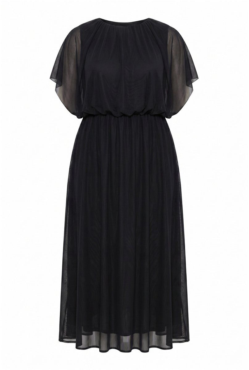 Ulla Popken - Dames - Maxi-jurk ballonmodel bovenstuk ronde hals mouwloos - Zwart - Maat 62+