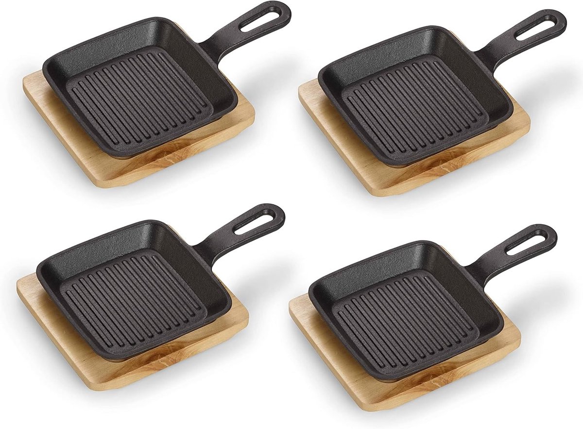 Serveerset - Zwart - Maat 4 - Gietijzer met Serveerplank - Voor Tafels en Barbecues