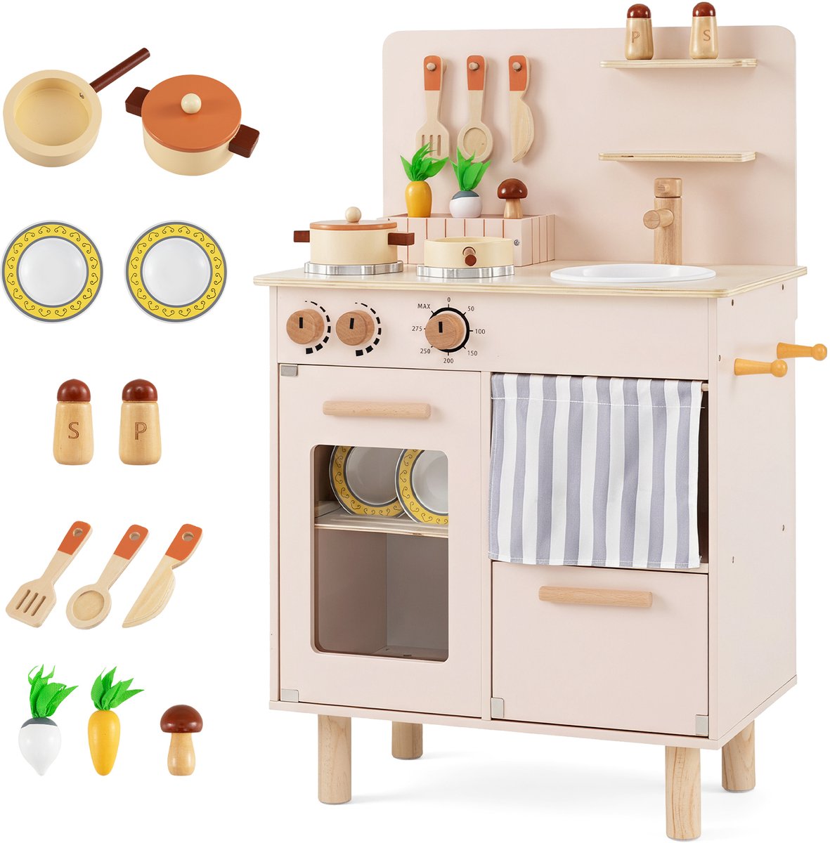 COSTWAY Kinderkeuken hout, speelkeuken met fornuis, gootsteen (beige)
