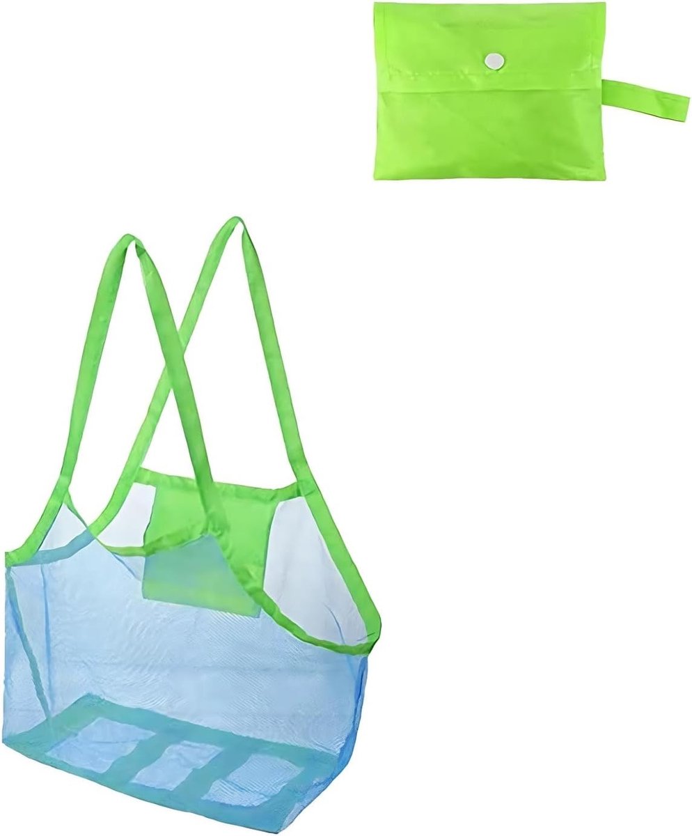 Herbruikbare en Vouwbare Mesh Strandtas voor Strand, Picknick en Wasgoed - Ideaal voor Gezinsvakanties (Blauw Mesh/Groene Band)