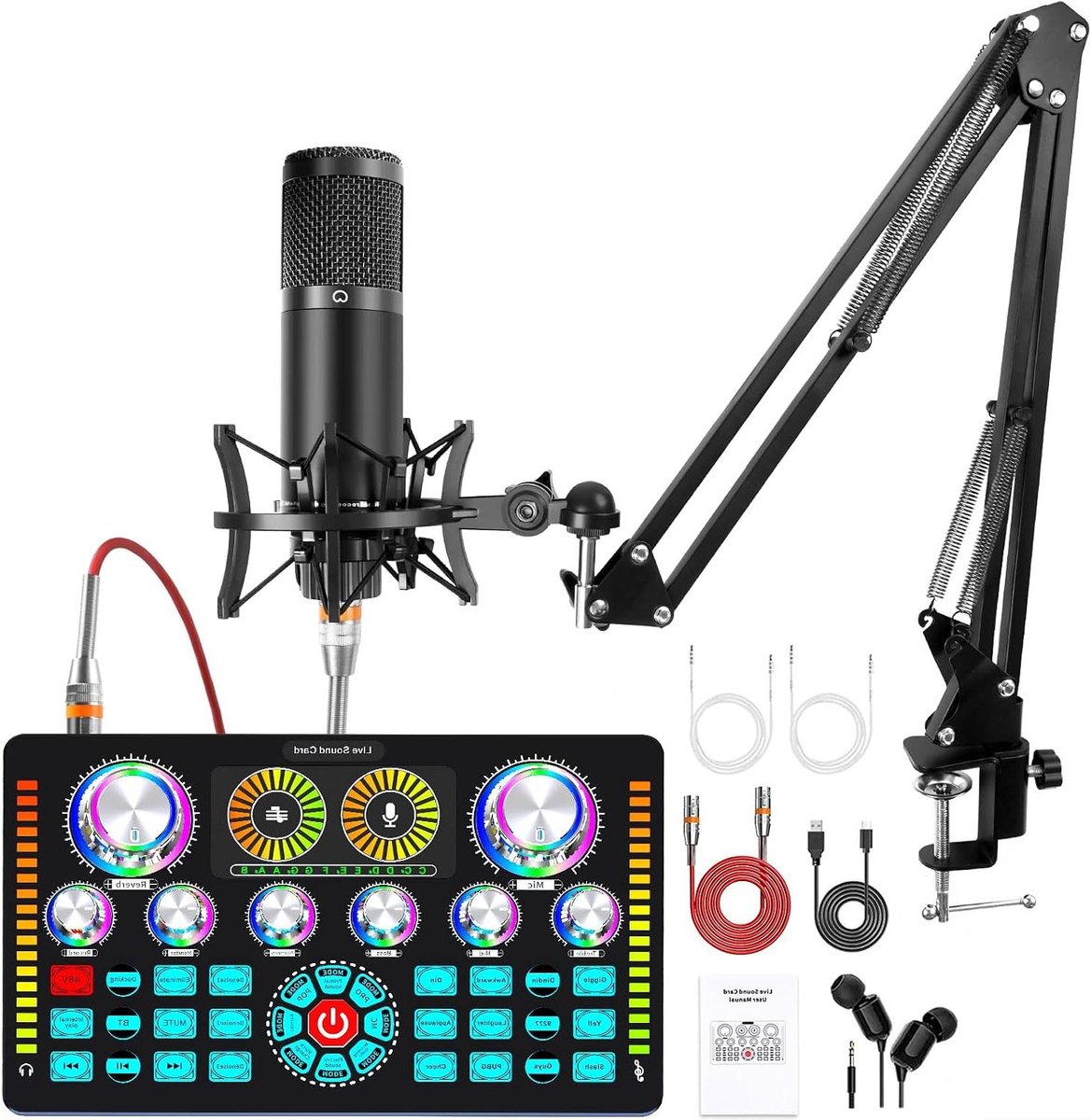 Podcast Apparatuur - Audio Interface Microfoon - Streaming Opnemen - 48V Fantoomvoeding - 10 Kanalen - Zwart