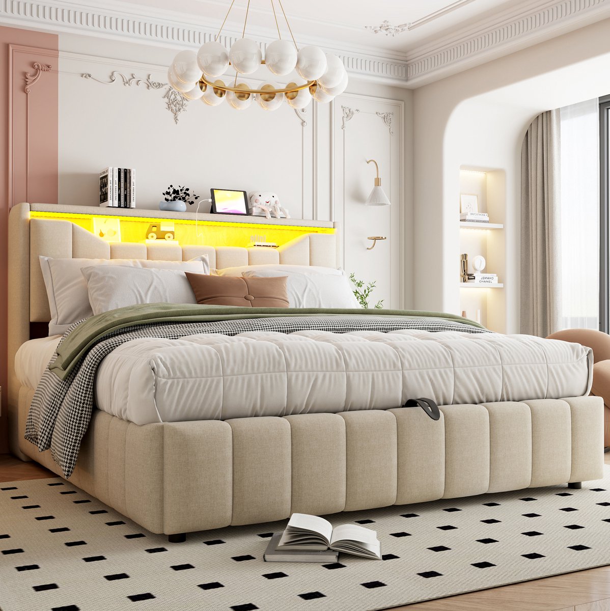 FloraGrace Gestoffeerd Bed 180x200cm - Bedframe Met Hydraulische Opbergruimte - LED Verlichting - USB en USB-C - Beige - Zonder Matras