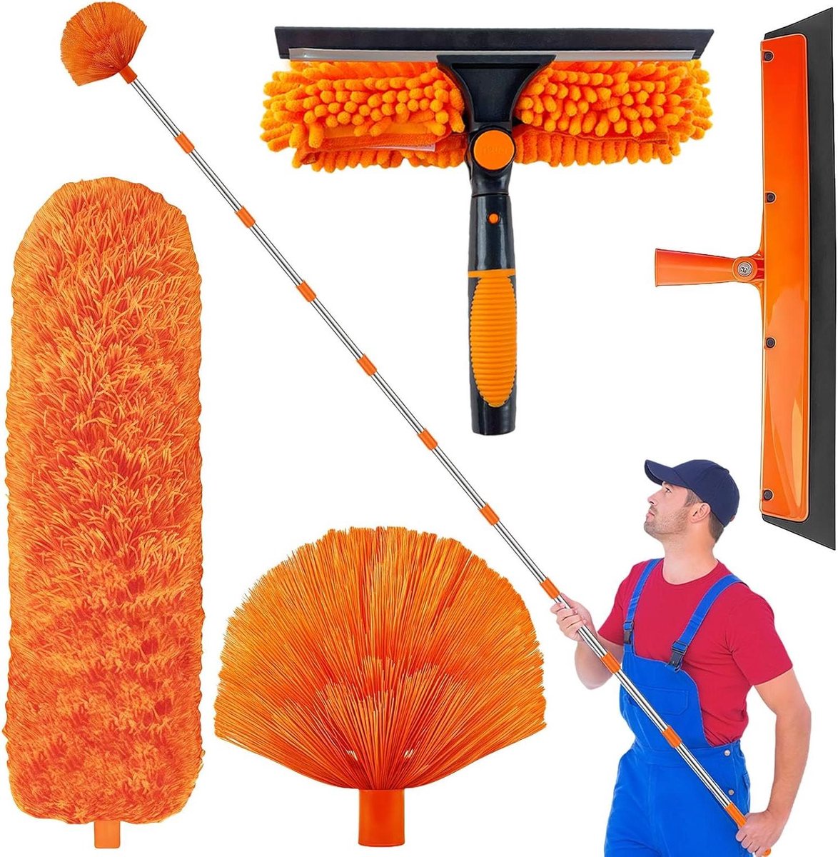 Telescopische Ramenwisser - Verstelbare Schoonmaker - Hoge Oppervlakken Reinigen - 2-in-1 Microvezelkop - Tot 4 Meter - Oranje