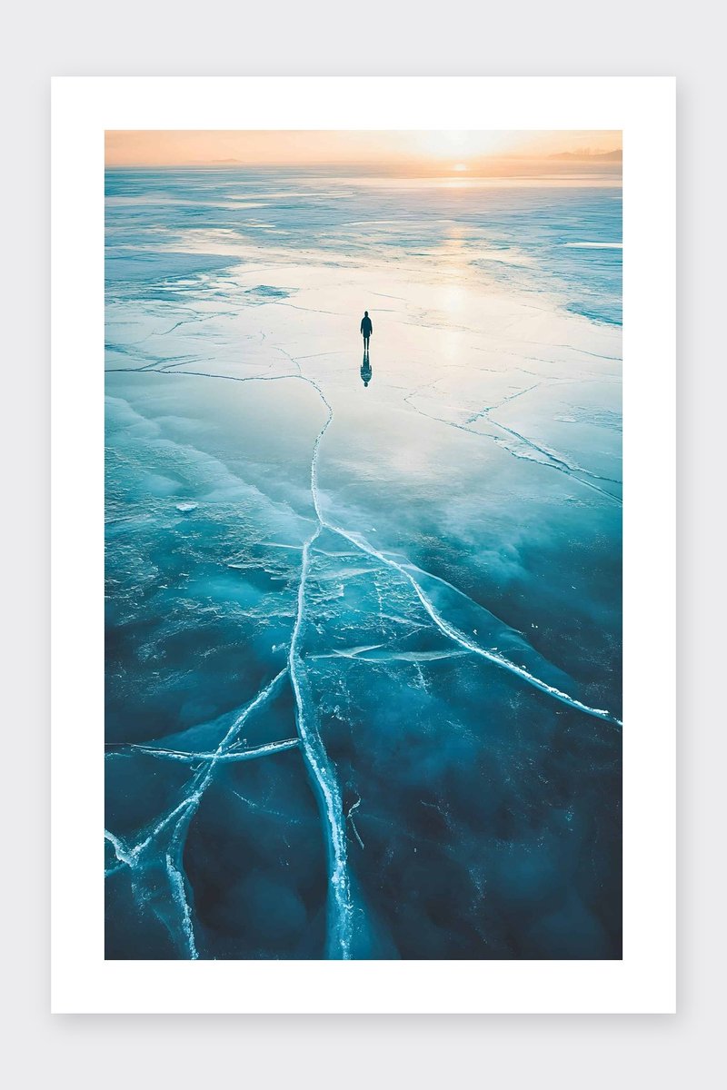 Man Poster - Gebarsten IJs - Koel - Uniek - Avontuurlijke - Landschap - posters - formaat 30x40cm - Wanddecoratie - BXS3962MT - Met kader - passe-partouts stijl