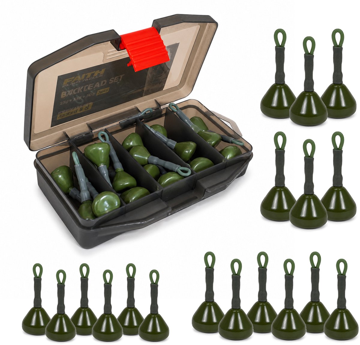 Faith Backlead Set - 18 Stuks - 25/35/50 g - Toplood - Tacklebox
