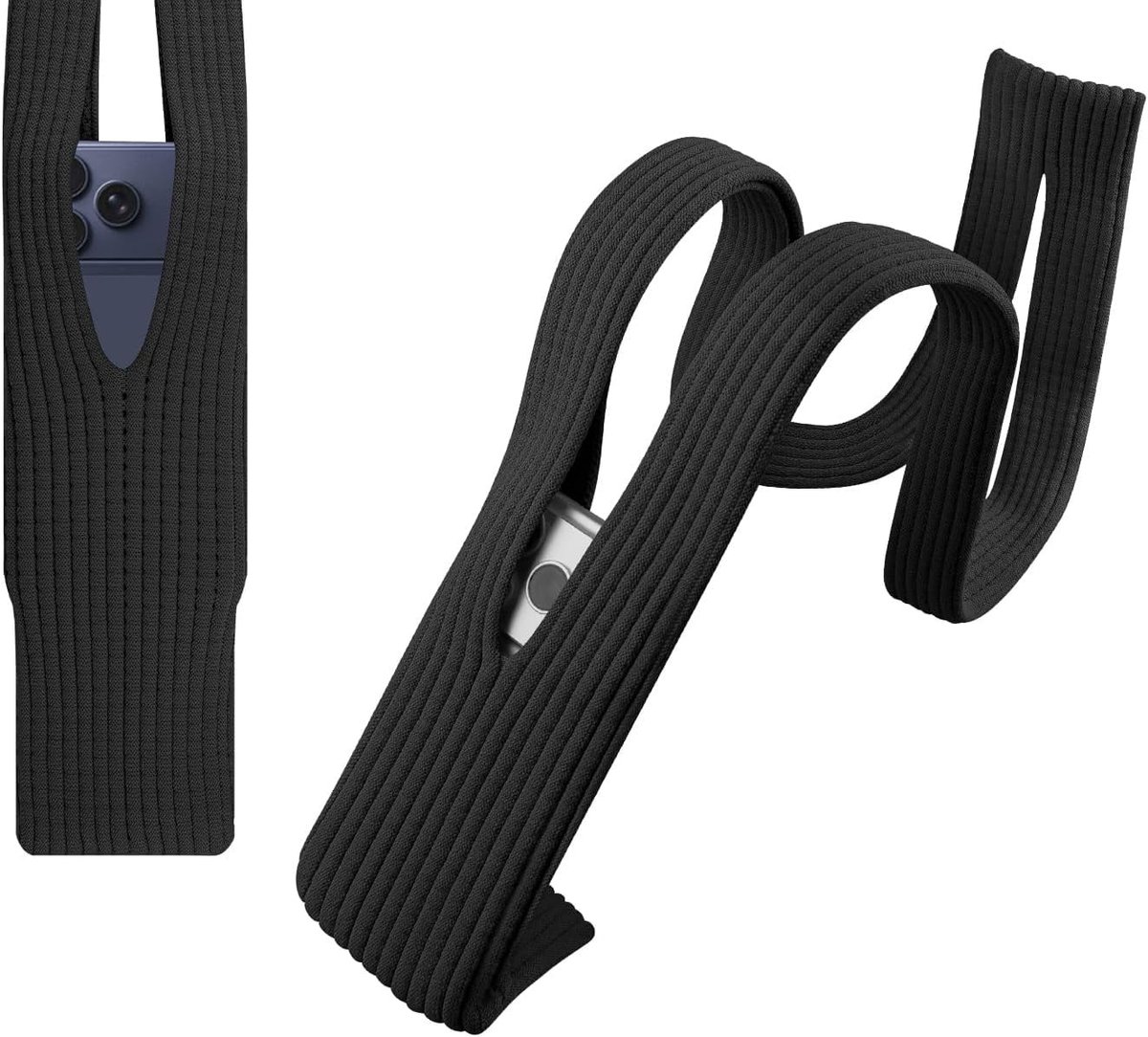 Telefoontasje Gebreid met Koord Zwart – Stretch Smartphone Tas, Lichtgewicht Telefoonhoesje voor Schouder & Crossbody