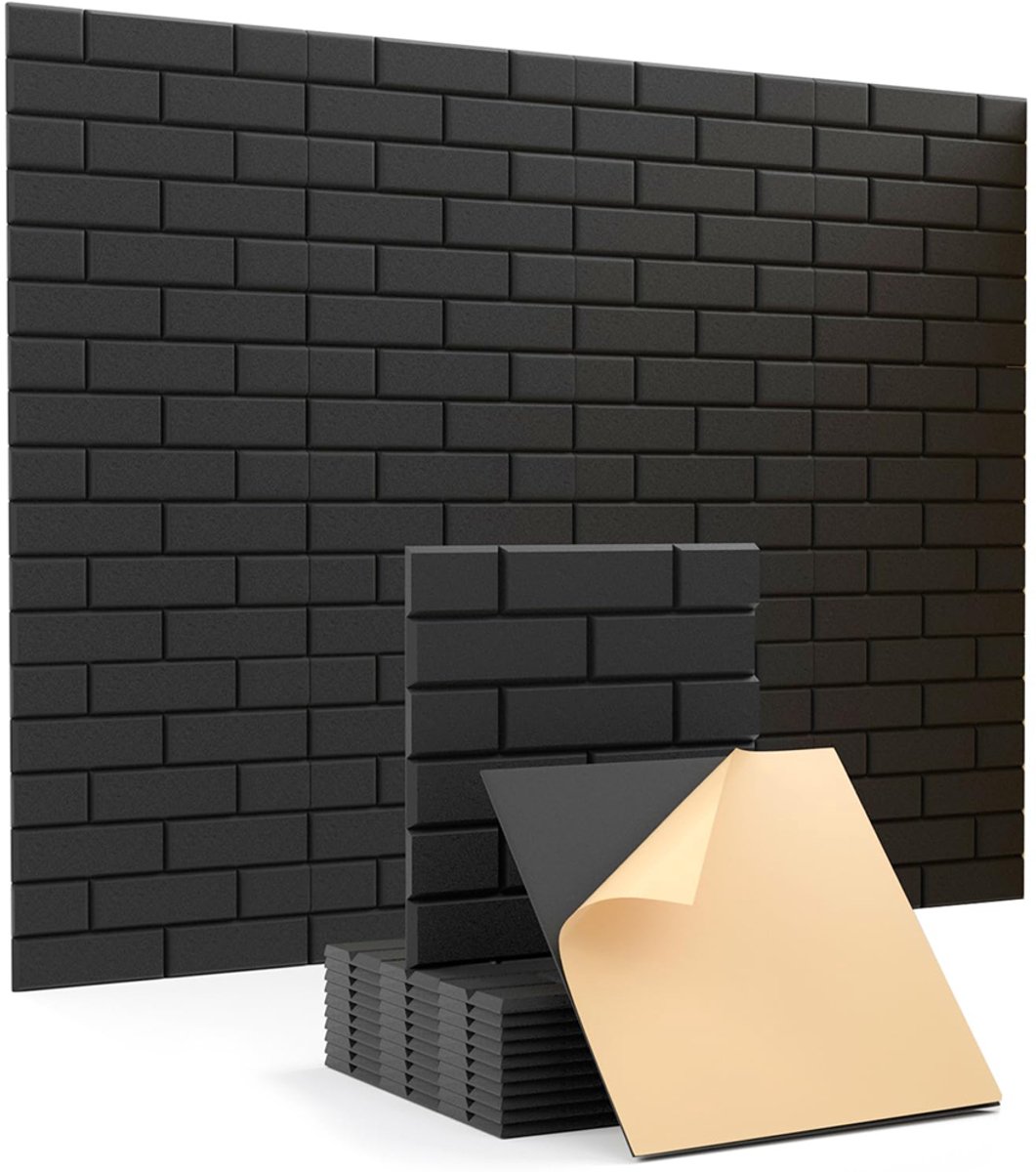 Akoestische Panelen - 12 Stuks Geluidsabsorberende Wandpanelen - 30 × 30 cm - Zelfklevend - Baksteenpatroon - Zwart
