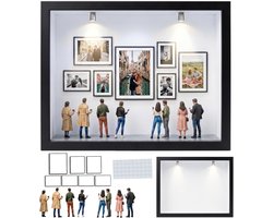 DIY Shadow Box - DIY Mini Museum Silhouet Box - Mini Fotolijst Met LED - Complete Set met 8 Willekeurige Miniatuur Mensjes & 8 Lijstjes - Mini Fotolijstjes - Voor Valentijn, Jubileum, Bruiloft, Verjaardag en Woondecoratie - 22.7x31.4x3.7cm