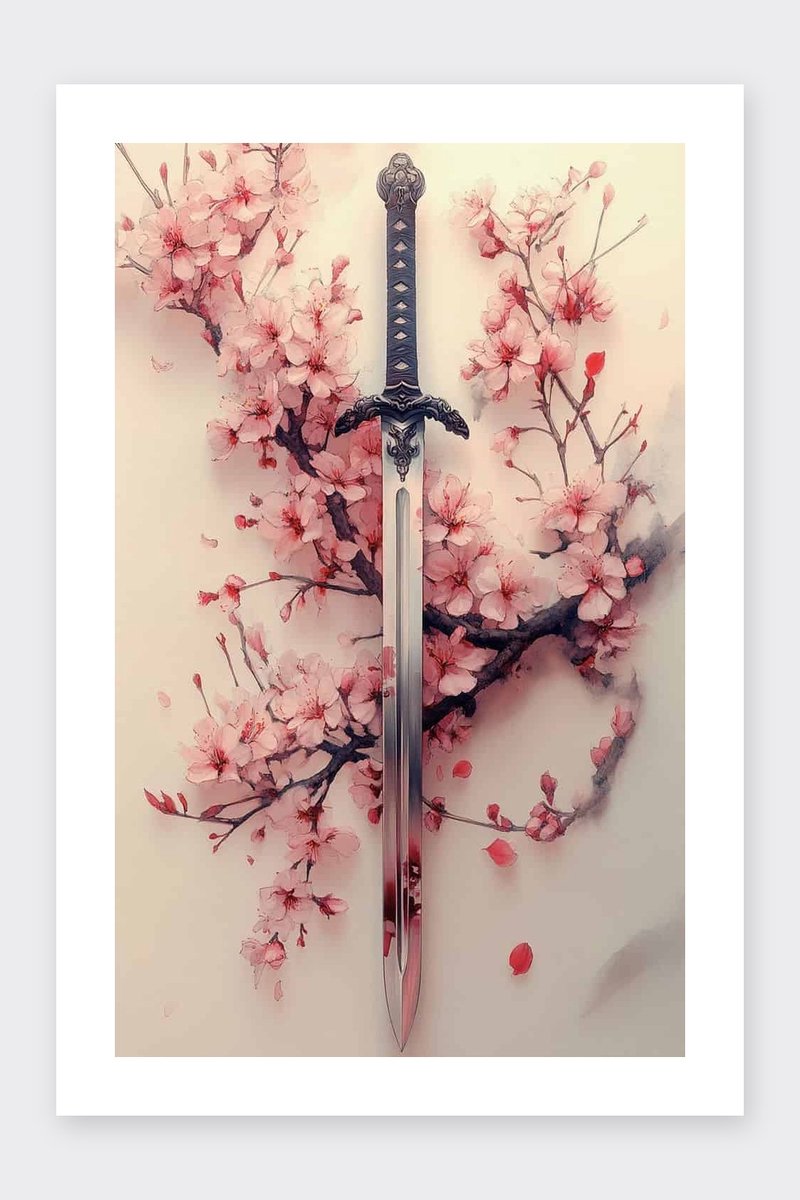 Zwaard Poster - Kersenbloesem - Wapen - Bloemen - Oosterse - Geschiedenis - Fantasie - posters - formaat 30x40cm - Wanddecoratie - BXS4487MT - Met kader - passe-partouts stijl