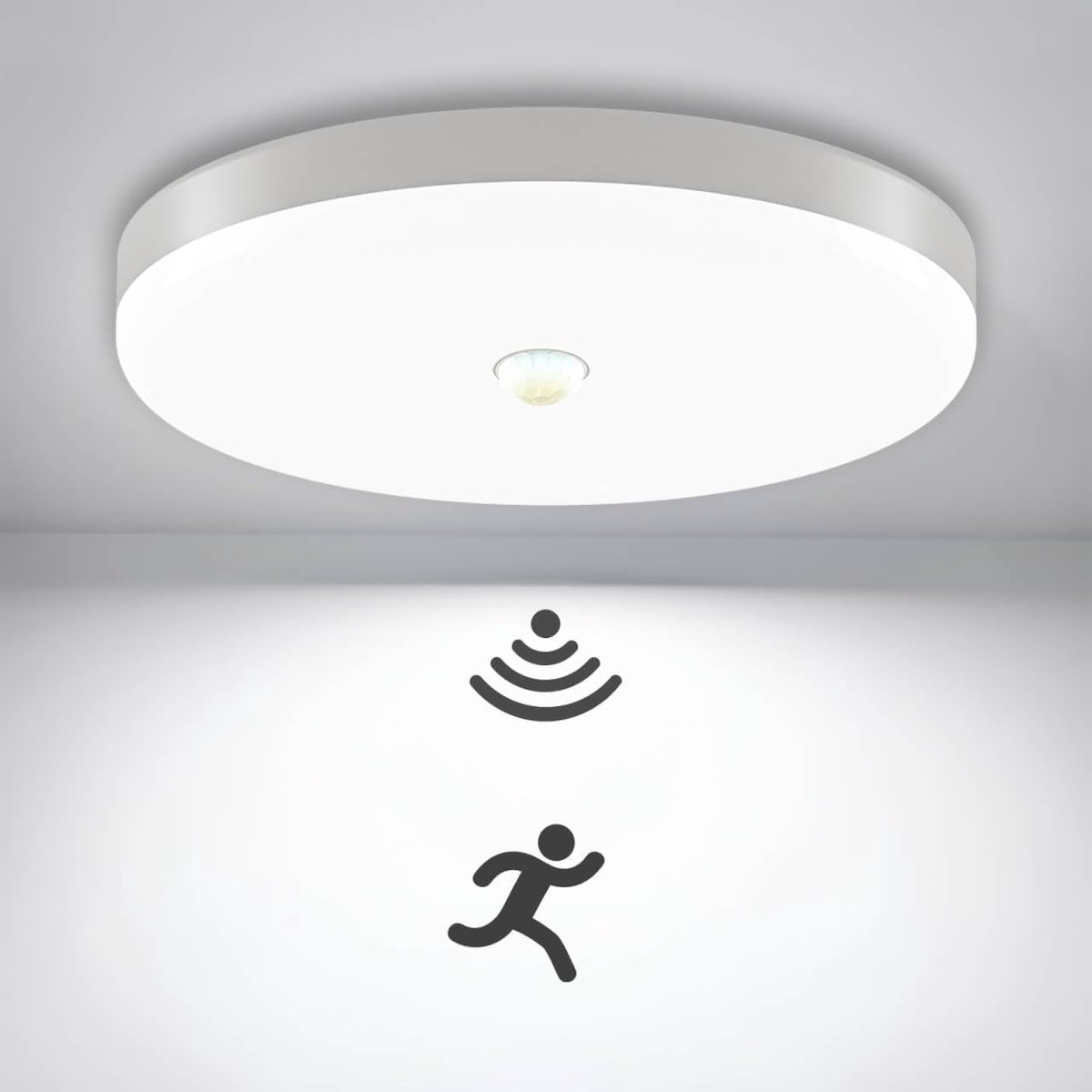 Plafondlamp met Bewegingssensor, 18W 6000k | Ronde Plafondlamp Sensor, 1600 Lm, 22 Cm, Nalooptijd Ca. 30 S, Voor Hal Garage Trappenhuis Balkon Kelder Garage