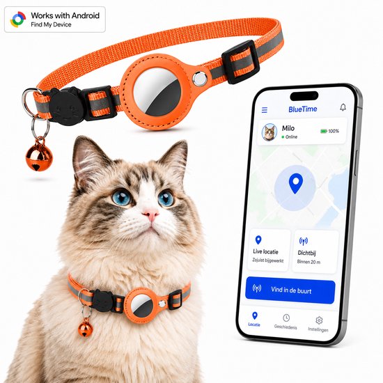 Oranje kattenhalsband met reflecterende strepen, belletje en houder voor 'Find My Device'. Naast een kat die de halsband draagt, is een telefoon met de 'Find My Device'-app te zien.