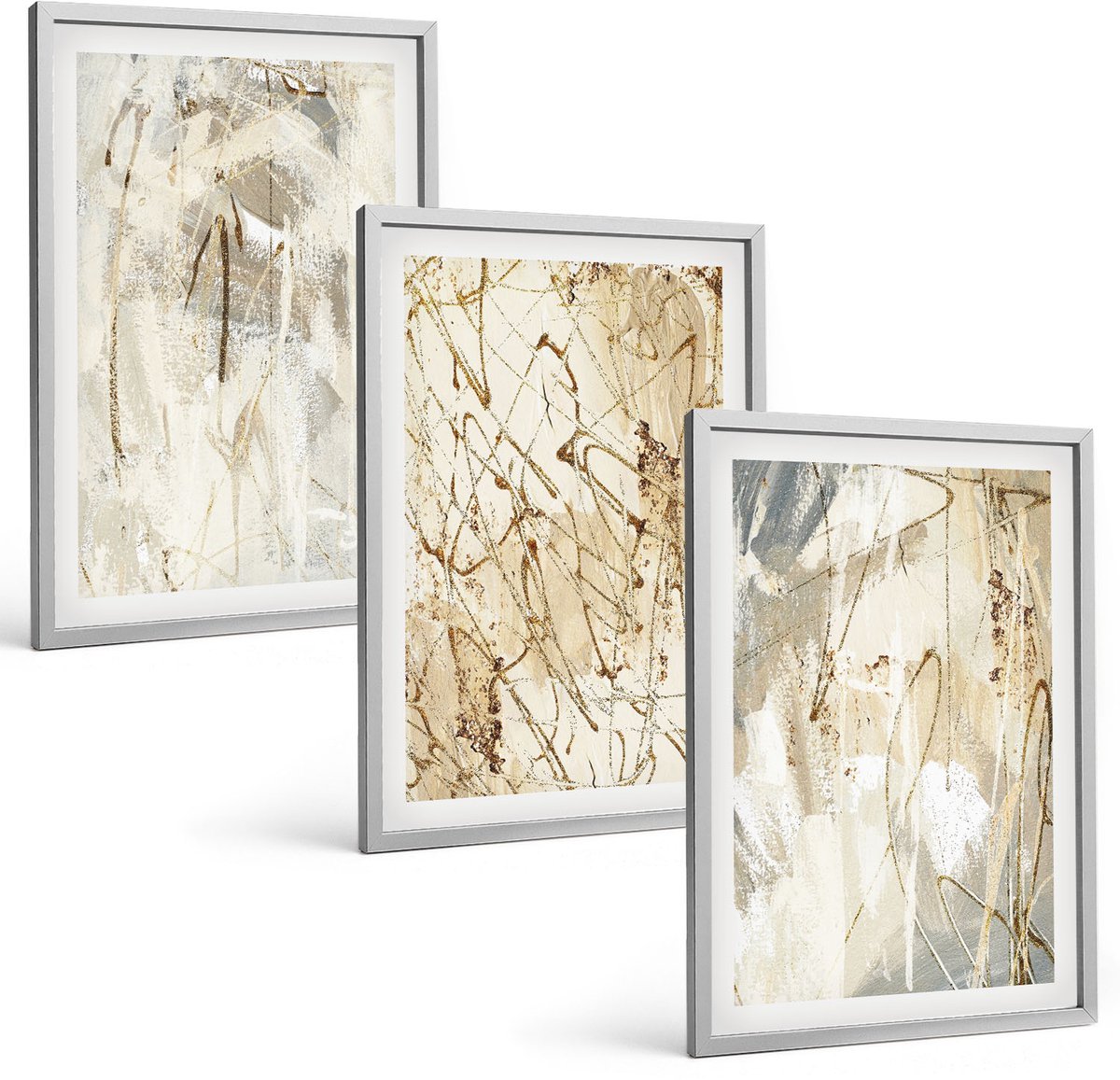 Coloray 3-Delige Schilderij Set - Abstracte Patronen In Beige En Grijze Tinten. - 40 x 60 cm - Decoratieve Muurdecoratie - Slaapkamer - Decoratieve Schilderijen
